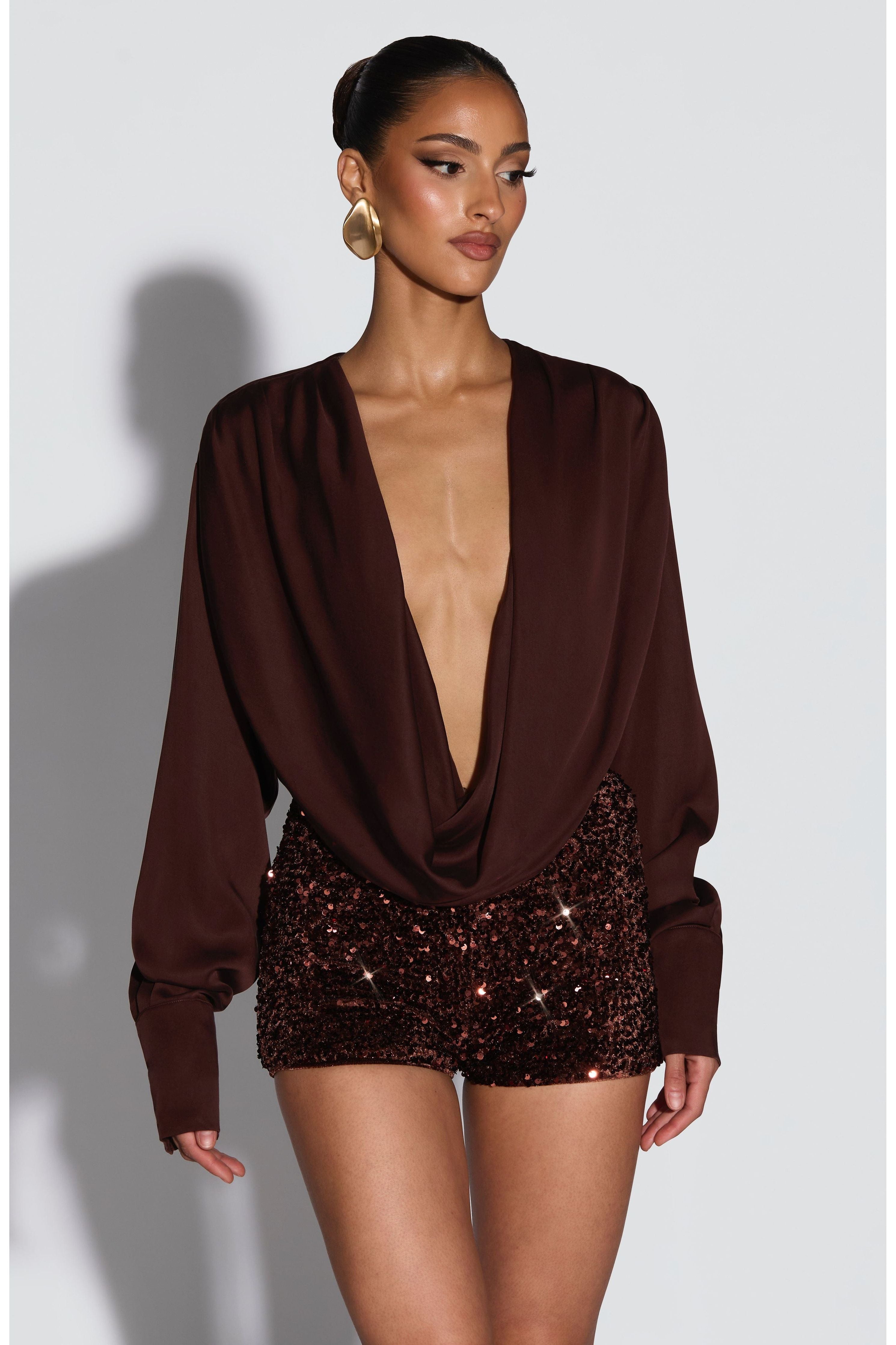Plunge Long Sleeve Bodysuit for Women – Fitted Bodysuit Top