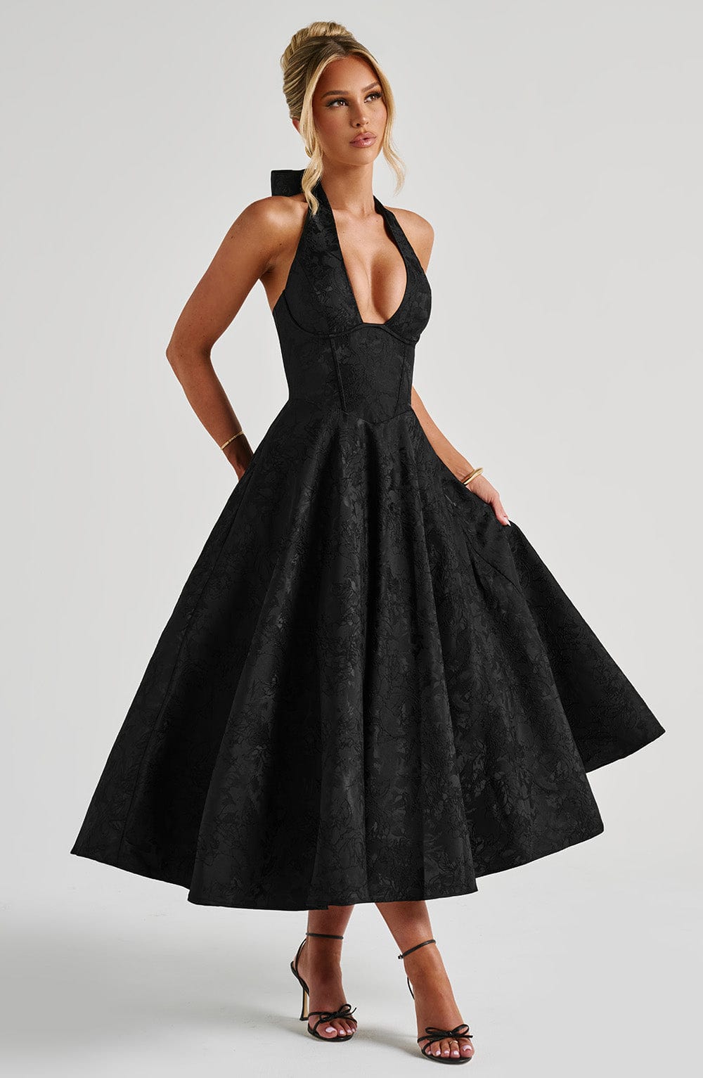 Jacquard Halter Midi Dress for Women – Plunge Tulle Skirt Party Dress – Black