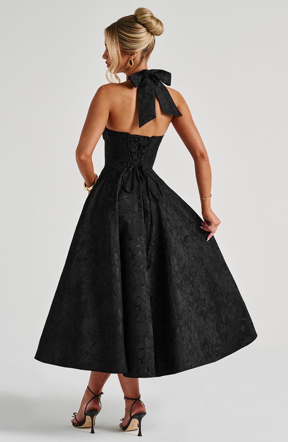 Jacquard Halter Midi Dress for Women – Plunge Tulle Skirt Party Dress – Black