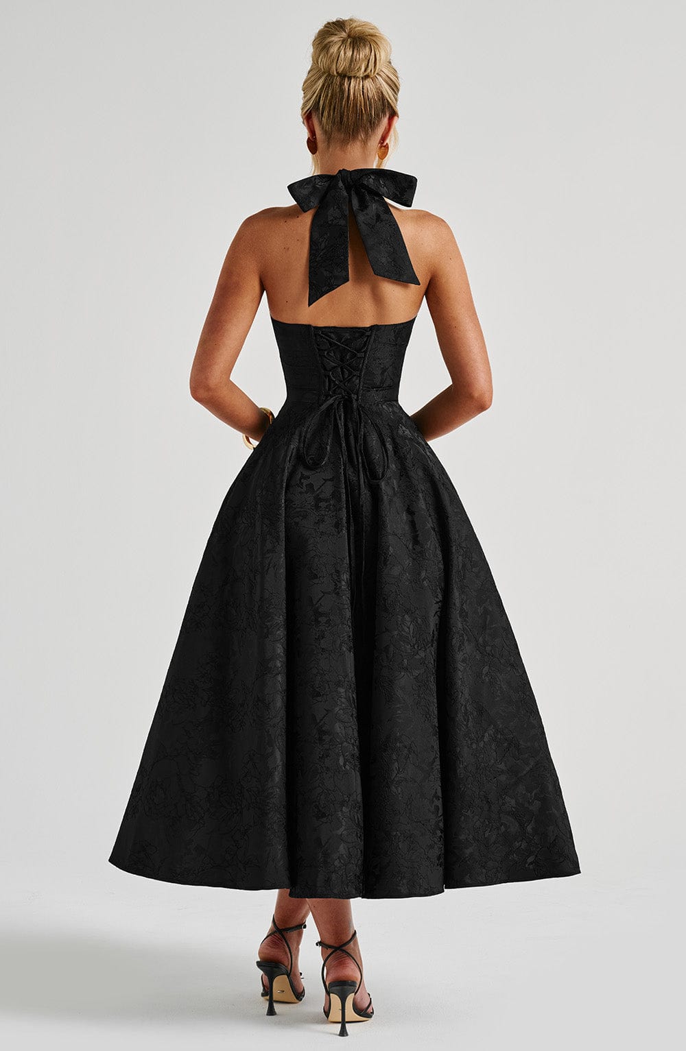 Jacquard Halter Midi Dress for Women – Plunge Tulle Skirt Party Dress – Black