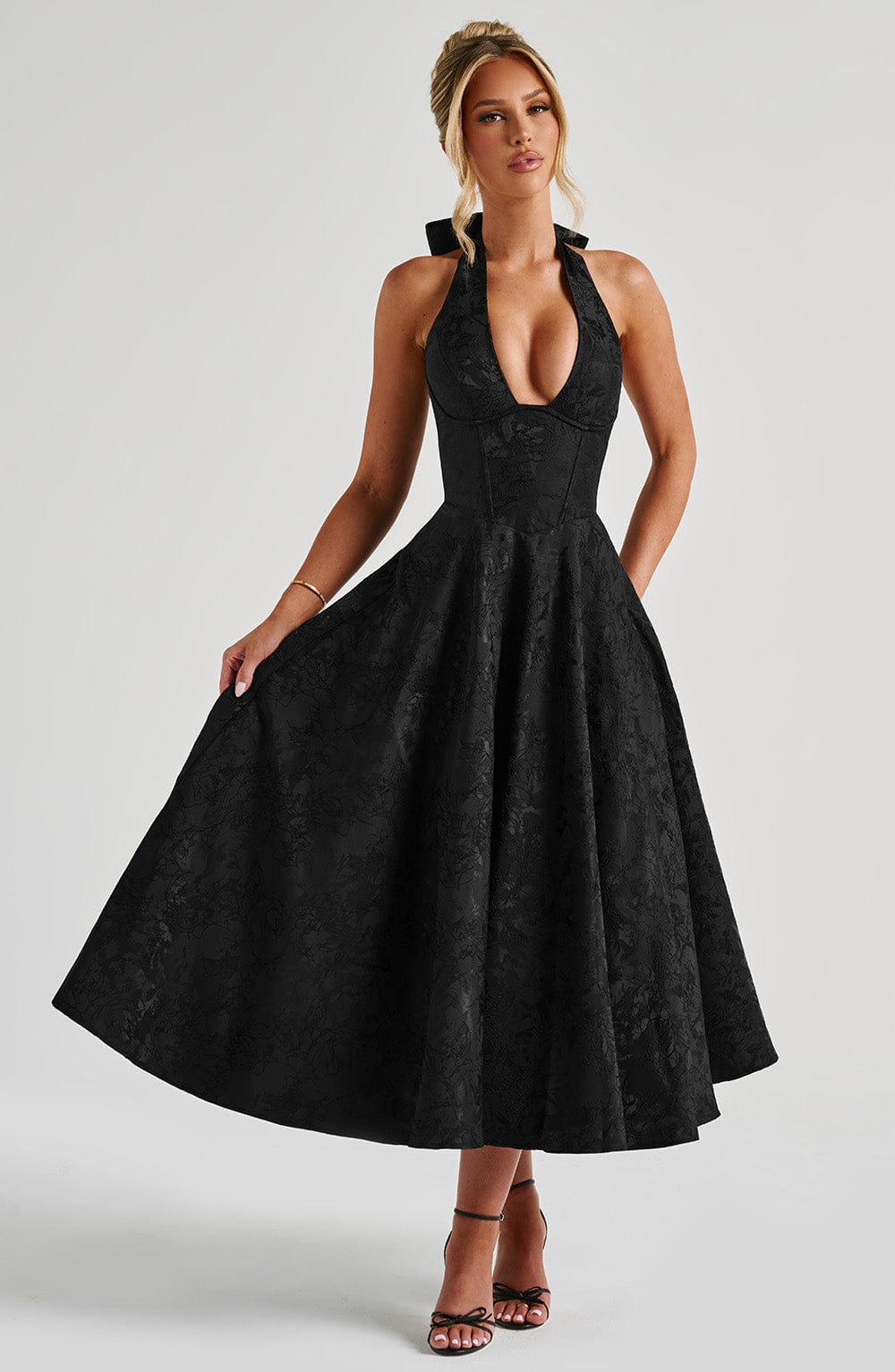 Jacquard Halter Midi Dress for Women – Plunge Tulle Skirt Party Dress – Black