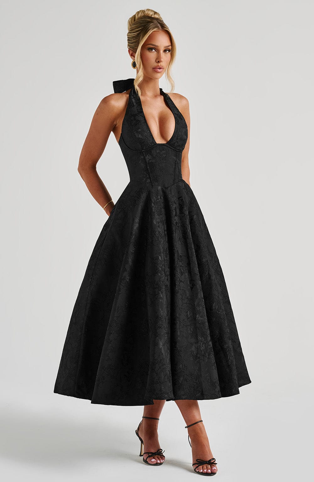 Jacquard Halter Midi Dress for Women – Plunge Tulle Skirt Party Dress – Black
