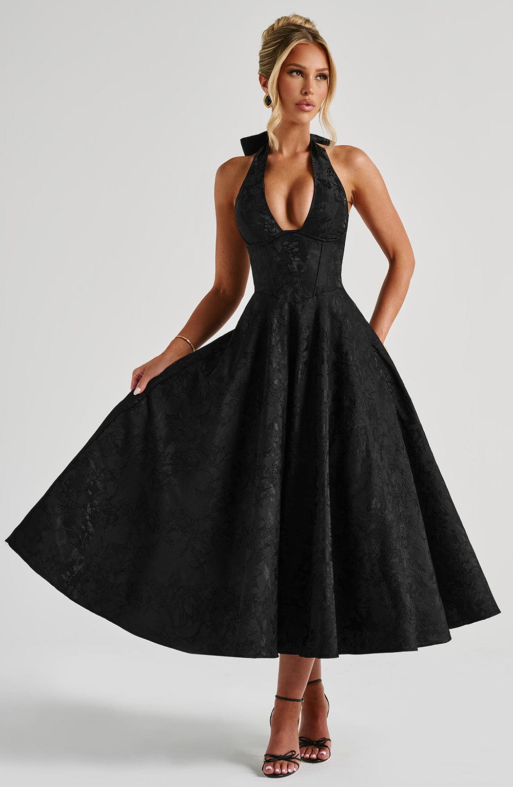 Jacquard Halter Midi Dress for Women – Plunge Tulle Skirt Party Dress – Black