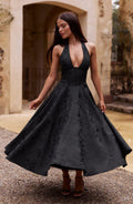 Jacquard Halter Midi Dress for Women – Plunge Tulle Skirt Party Dress – Black