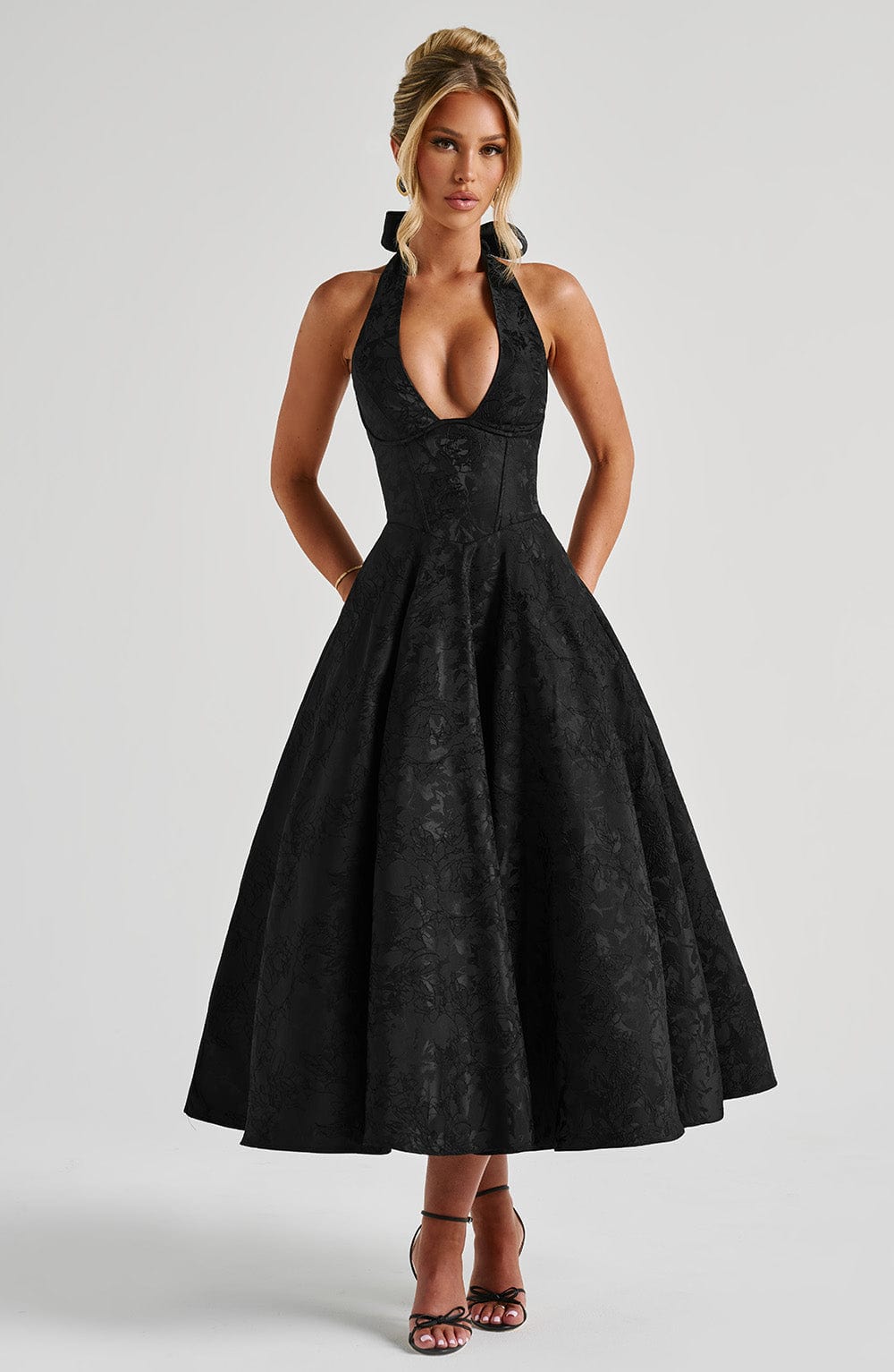 Jacquard Halter Midi Dress for Women – Plunge Tulle Skirt Party Dress – Black