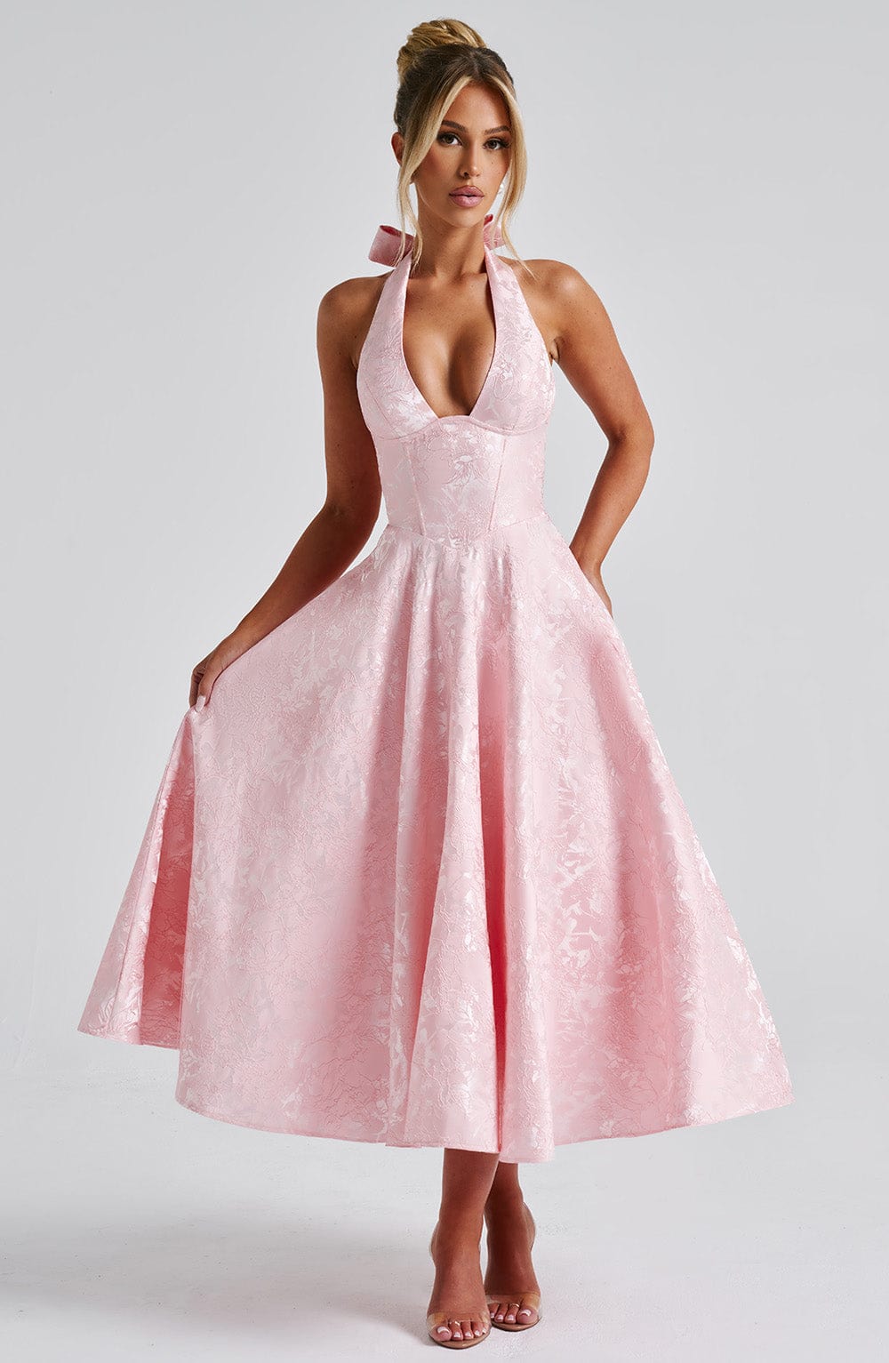 Jacquard Halter Midi Dress for Women – Plunge Tulle Skirt Party Dress – Pink