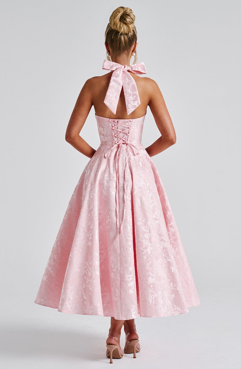 Jacquard Halter Midi Dress for Women – Plunge Tulle Skirt Party Dress – Pink