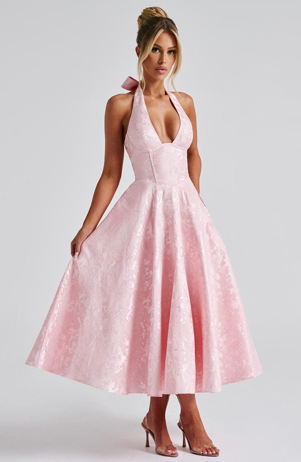 Jacquard Halter Midi Dress for Women – Plunge Tulle Skirt Party Dress – Pink