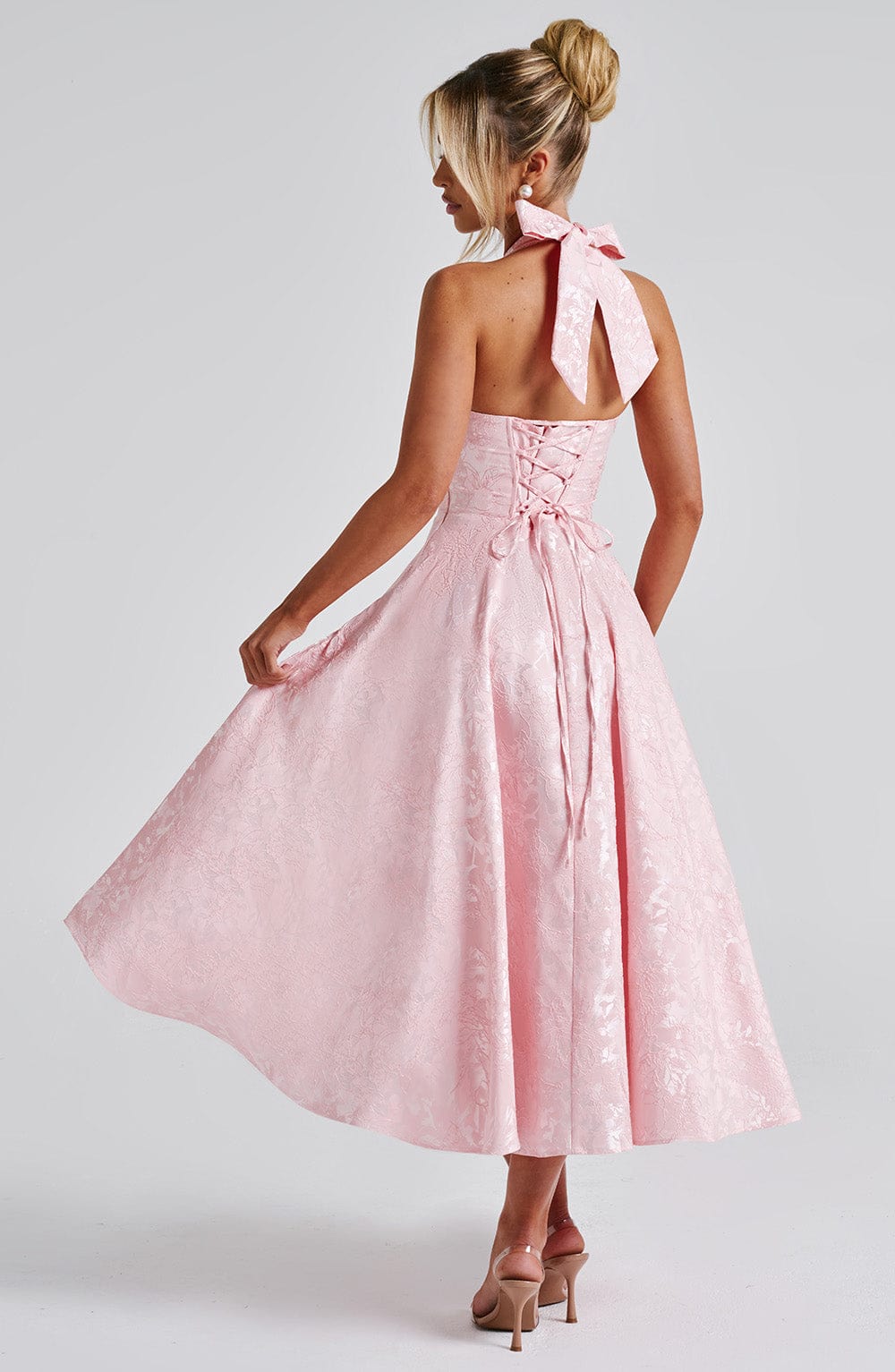 Jacquard Halter Midi Dress for Women – Plunge Tulle Skirt Party Dress – Pink