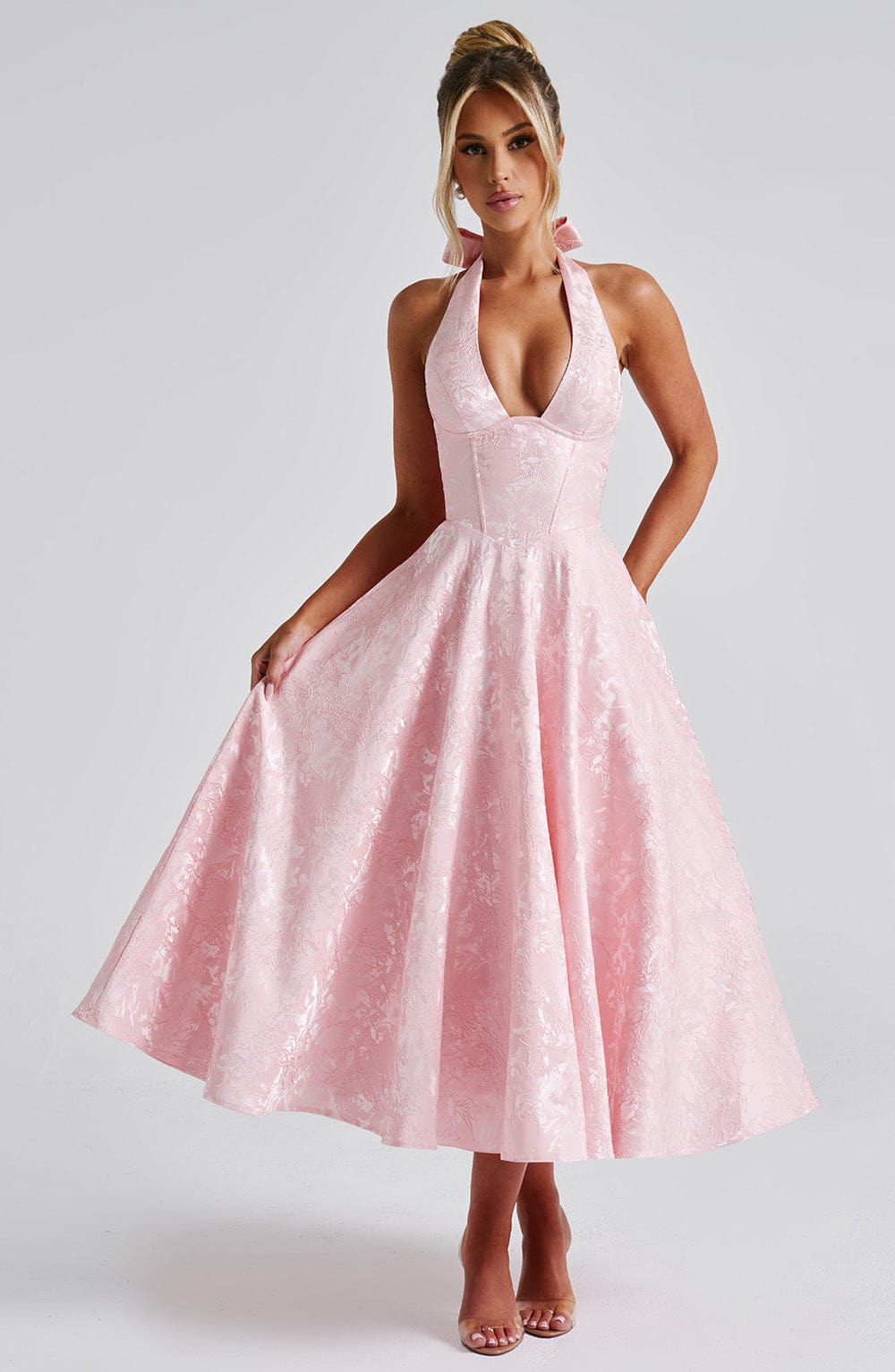 Jacquard Halter Midi Dress for Women – Plunge Tulle Skirt Party Dress – Pink