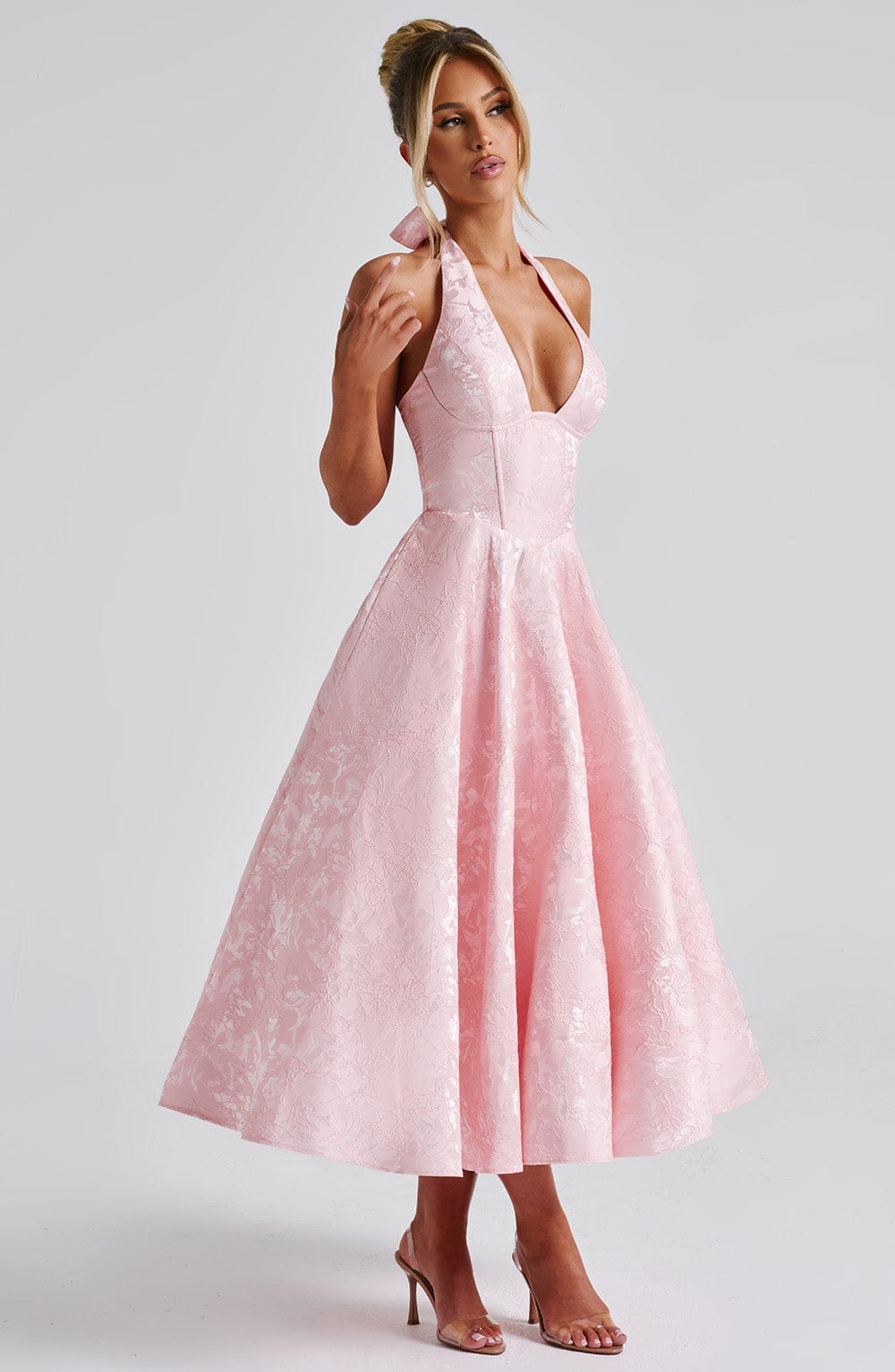 Jacquard Halter Midi Dress for Women – Plunge Tulle Skirt Party Dress – Pink