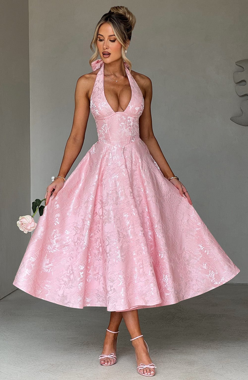 Jacquard Halter Midi Dress for Women – Plunge Tulle Skirt Party Dress – Pink