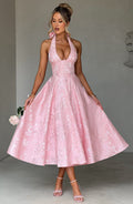 Jacquard Halter Midi Dress for Women – Plunge Tulle Skirt Party Dress – Pink