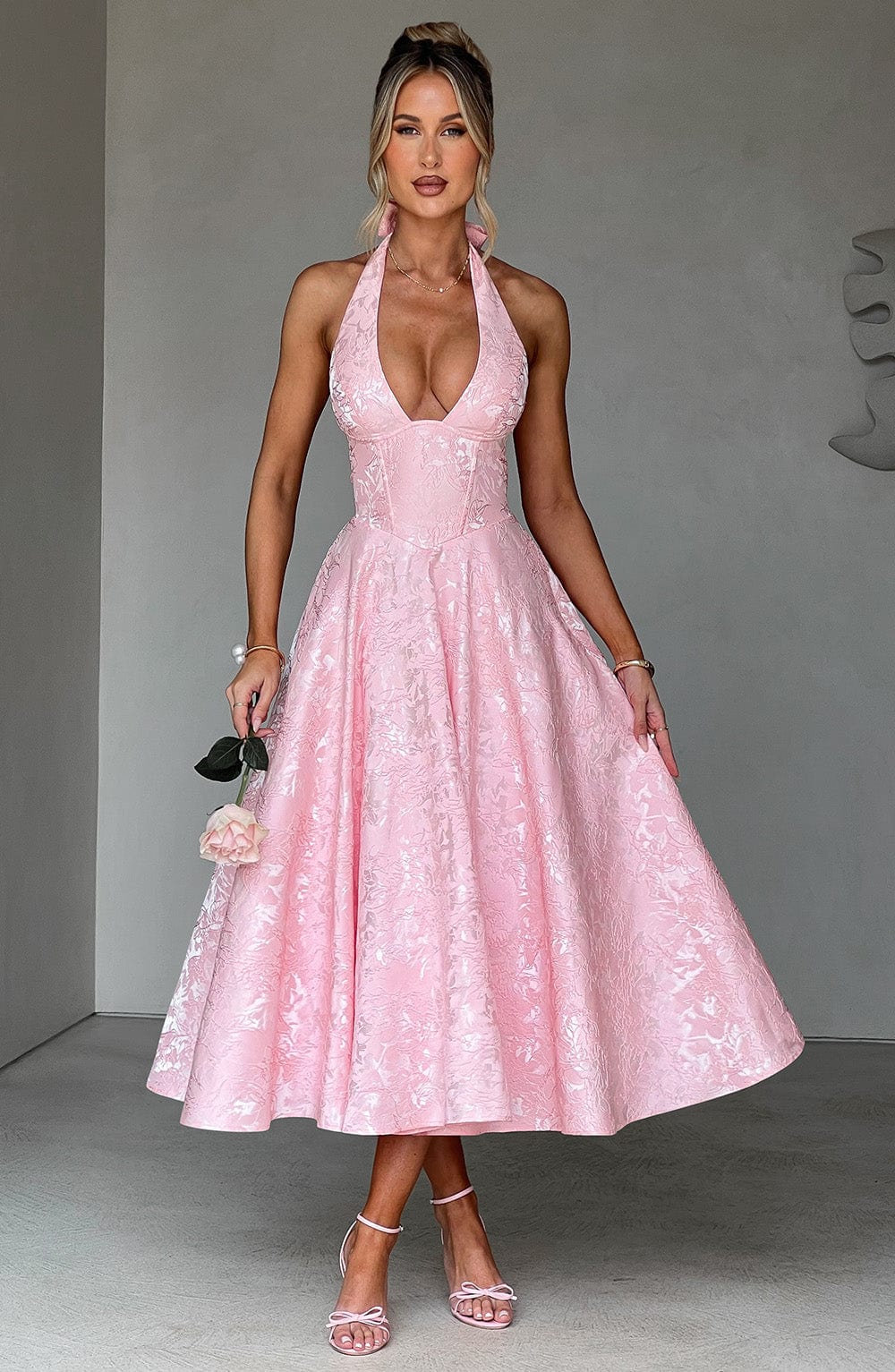 Jacquard Halter Midi Dress for Women – Plunge Tulle Skirt Party Dress – Pink
