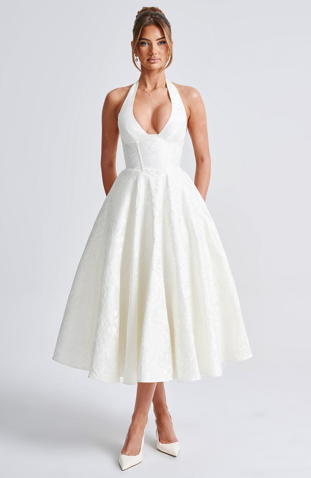 Jacquard Halter Midi Dress for Women – Plunge Tulle Skirt Party Dress – White