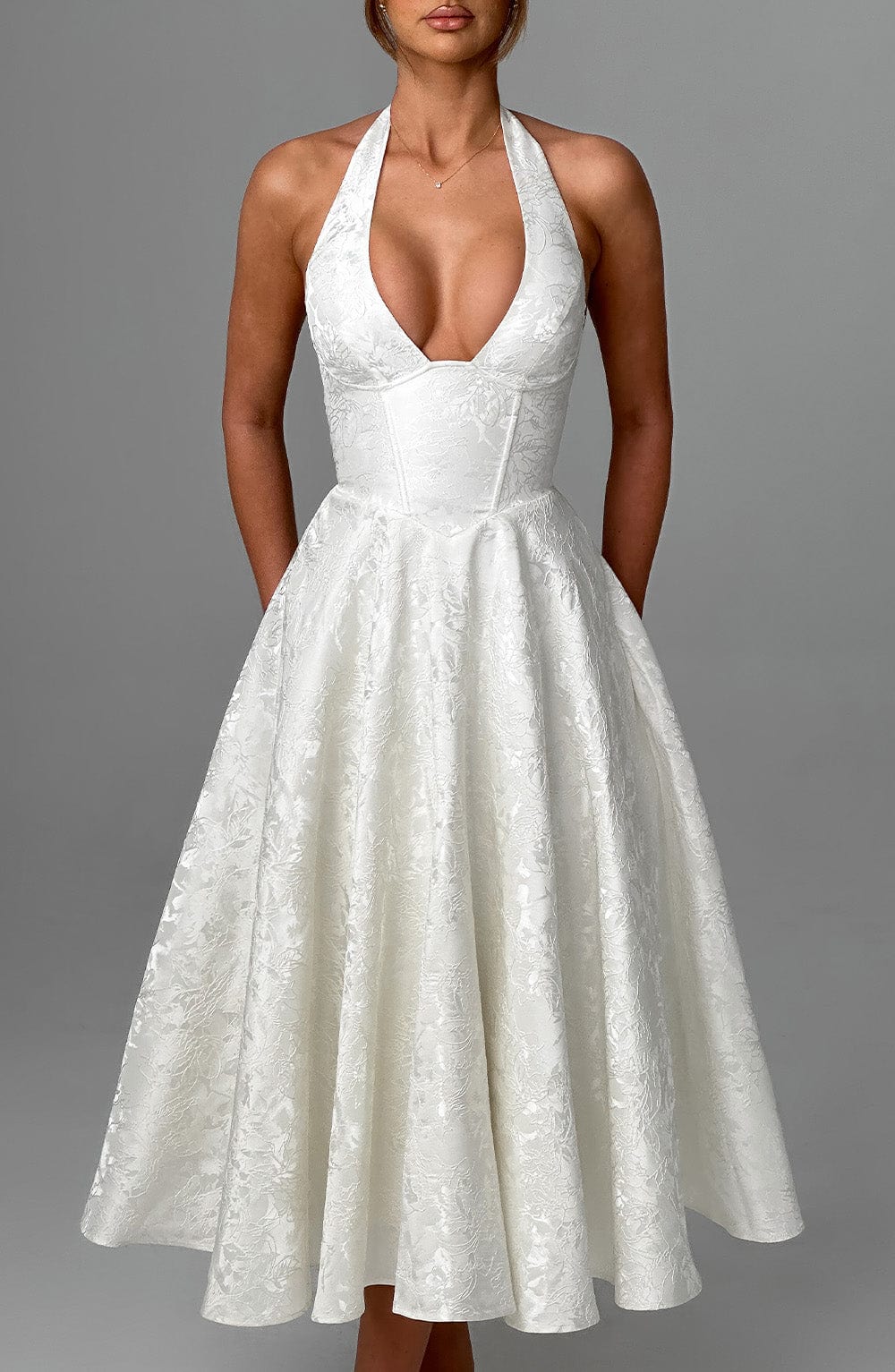 Jacquard Halter Midi Dress for Women – Plunge Tulle Skirt Party Dress – White