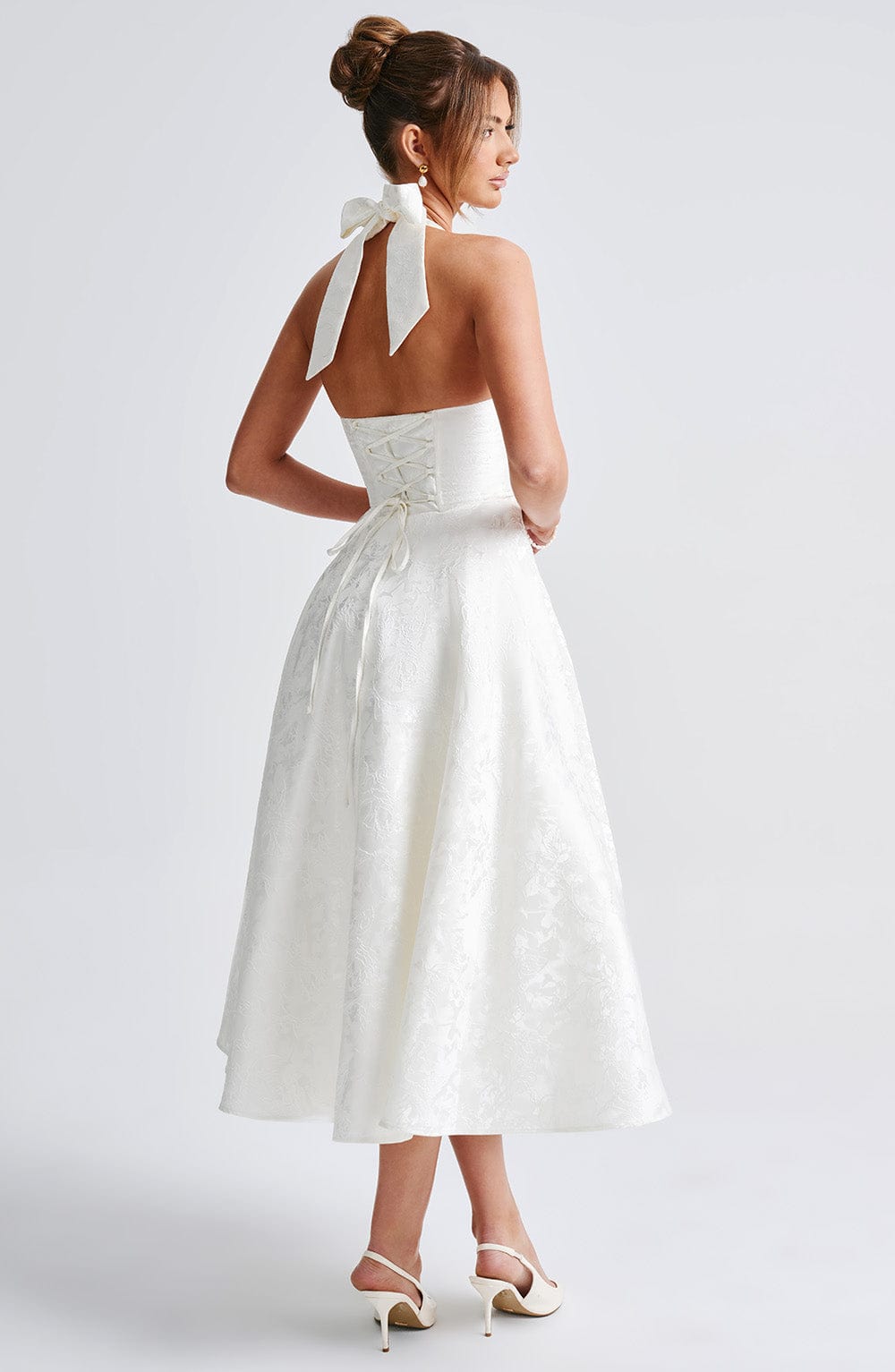 Jacquard Halter Midi Dress for Women – Plunge Tulle Skirt Party Dress – White