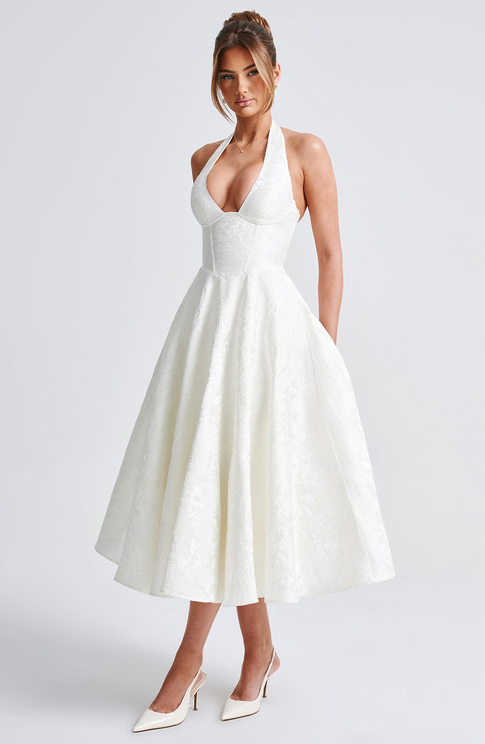 Jacquard Halter Midi Dress for Women – Plunge Tulle Skirt Party Dress – White