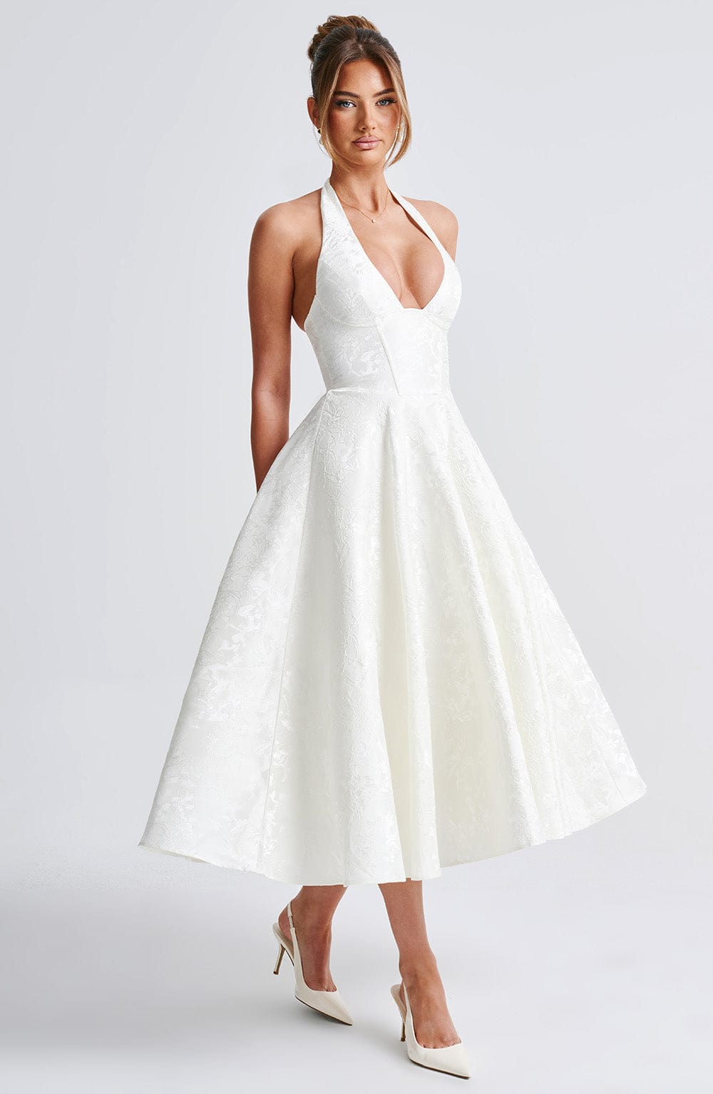Jacquard Halter Midi Dress for Women – Plunge Tulle Skirt Party Dress – White