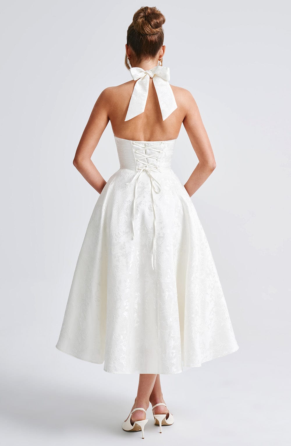 Jacquard Halter Midi Dress for Women – Plunge Tulle Skirt Party Dress – White