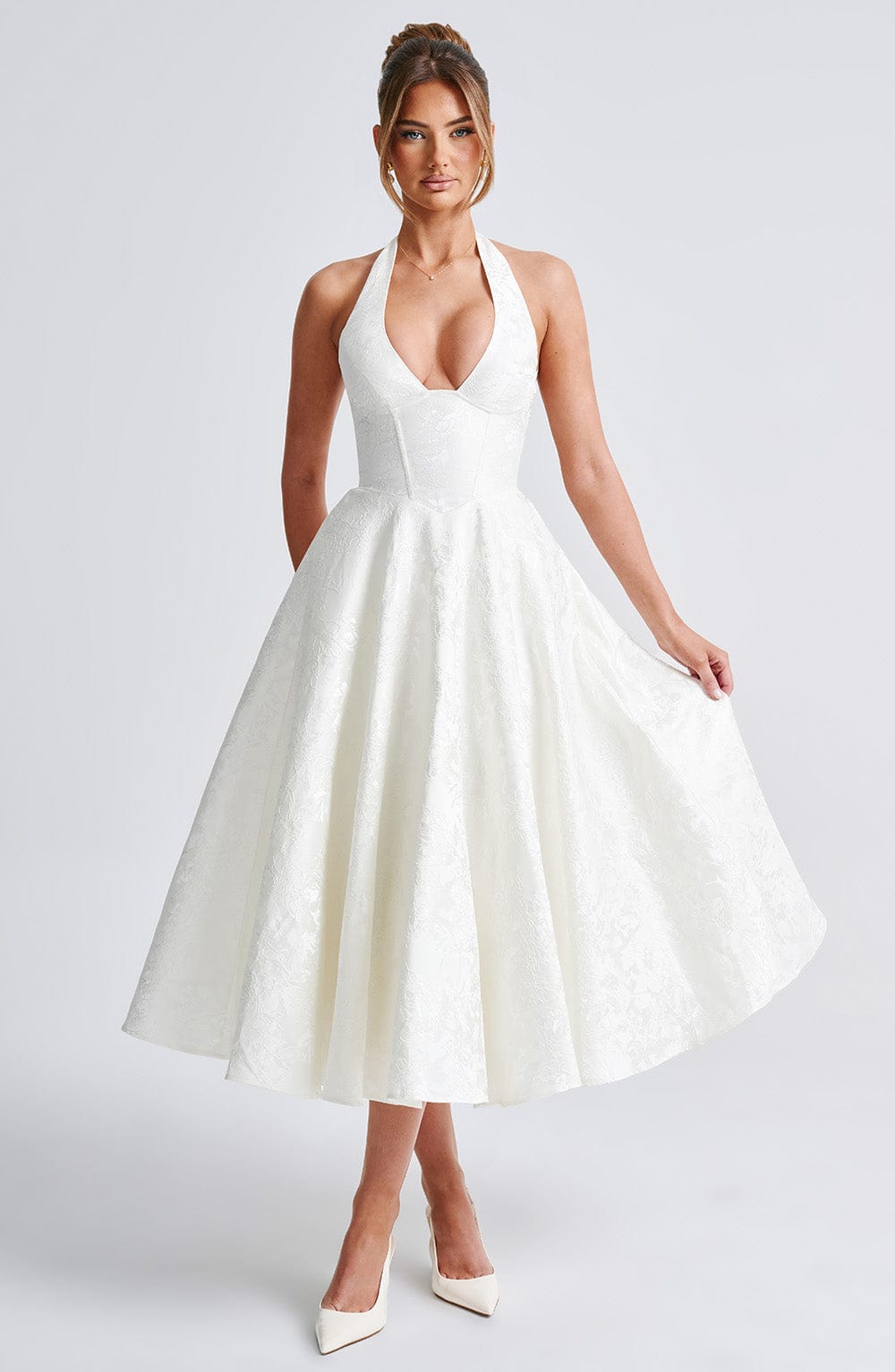 Jacquard Halter Midi Dress for Women – Plunge Tulle Skirt Party Dress – White