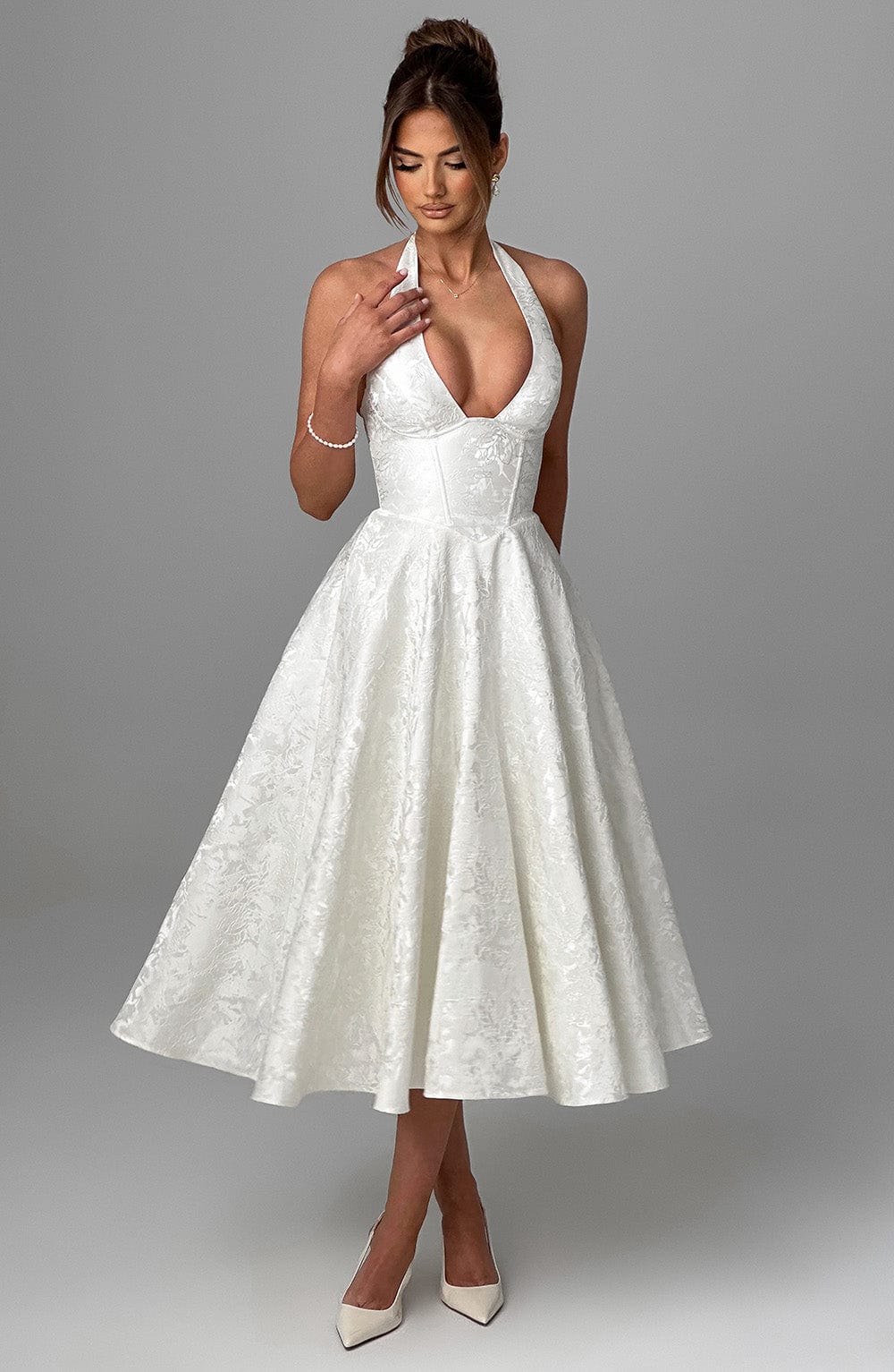 Jacquard Halter Midi Dress for Women – Plunge Tulle Skirt Party Dress – White