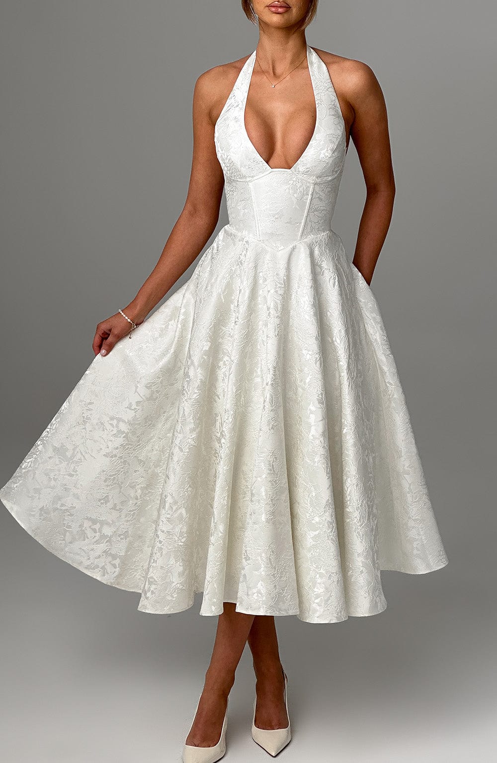 Jacquard Halter Midi Dress for Women – Plunge Tulle Skirt Party Dress – White