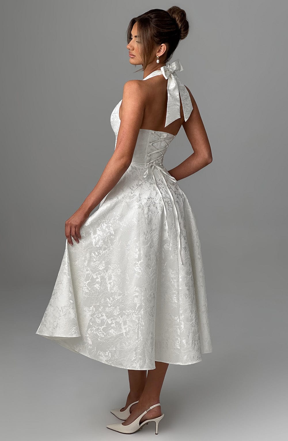 Jacquard Halter Midi Dress for Women – Plunge Tulle Skirt Party Dress – White