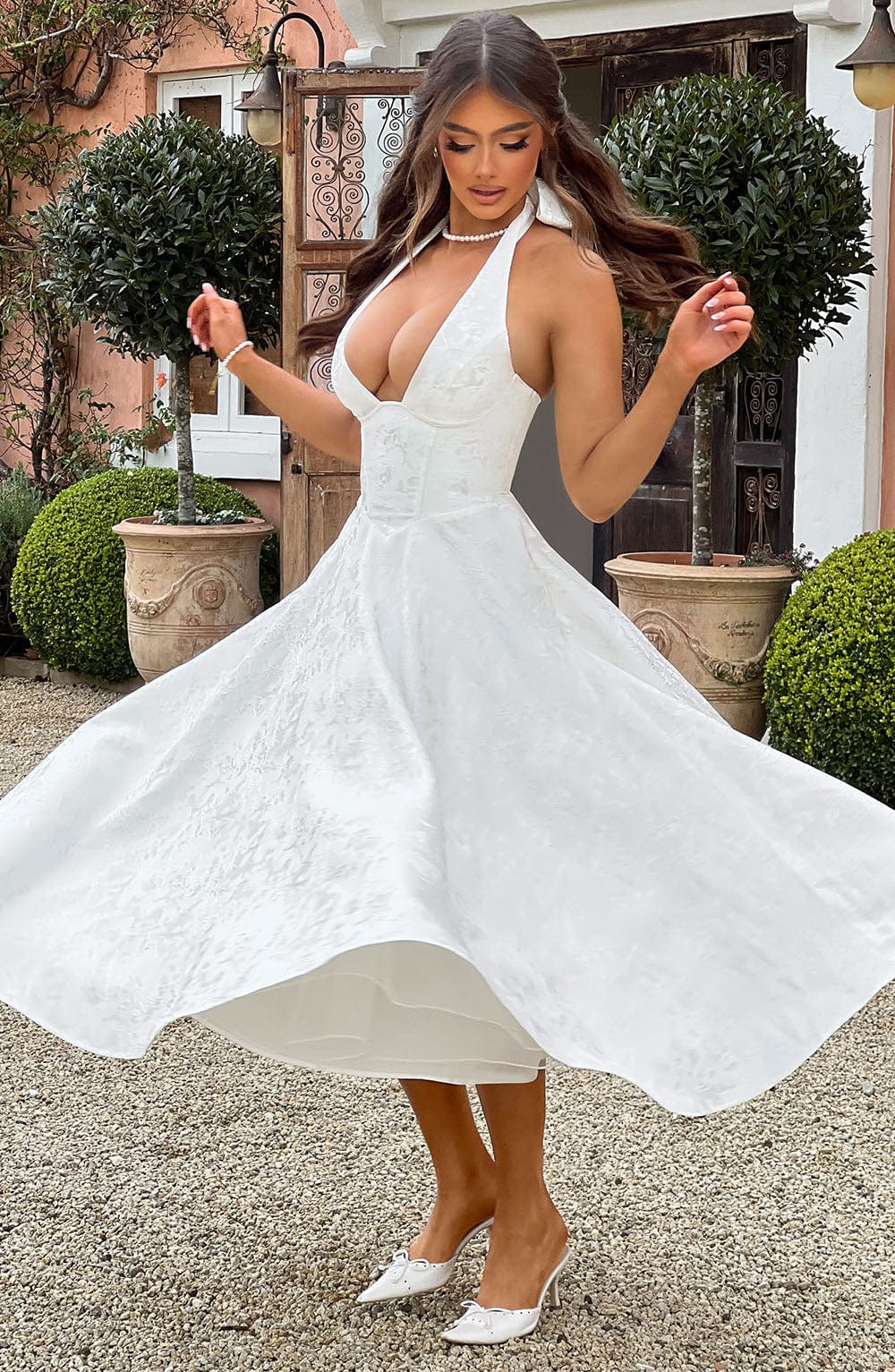 Jacquard Halter Midi Dress for Women – Plunge Tulle Skirt Party Dress – White