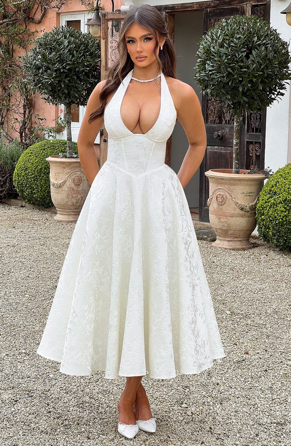 Jacquard Halter Midi Dress for Women – Plunge Tulle Skirt Party Dress – White