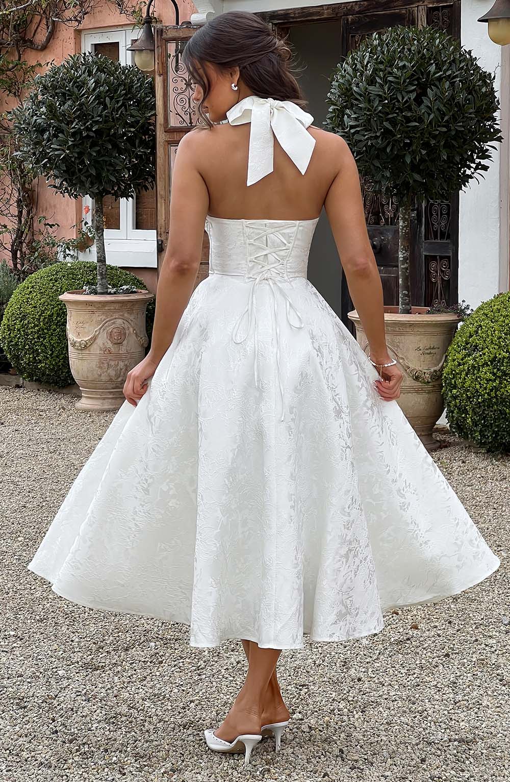 Jacquard Halter Midi Dress for Women – Plunge Tulle Skirt Party Dress – White