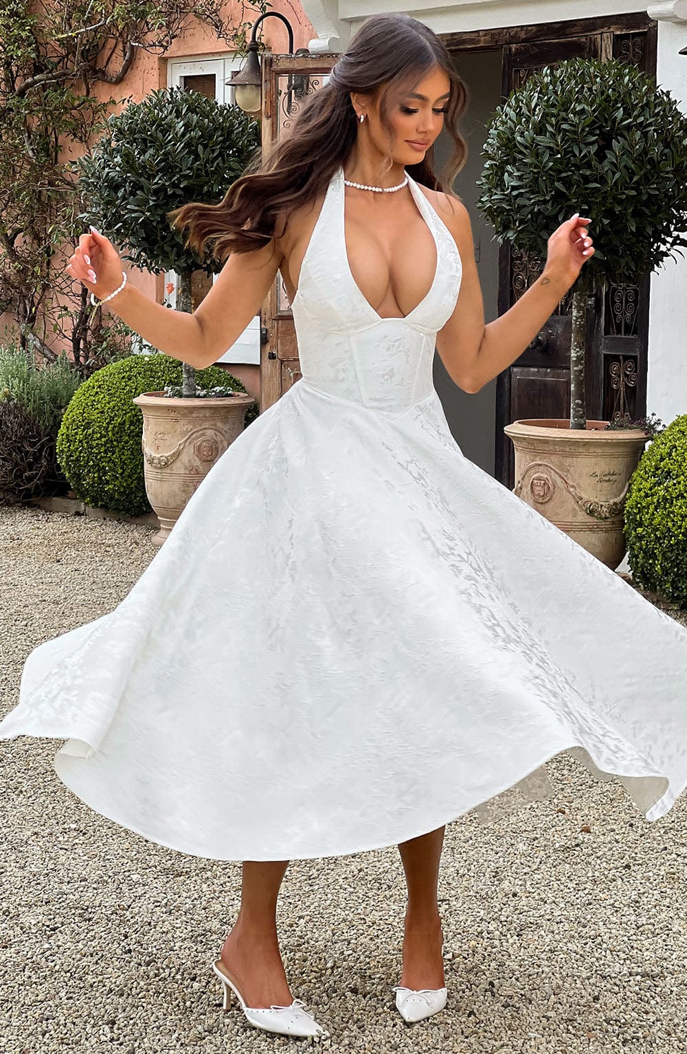 Jacquard Halter Midi Dress for Women – Plunge Tulle Skirt Party Dress – White