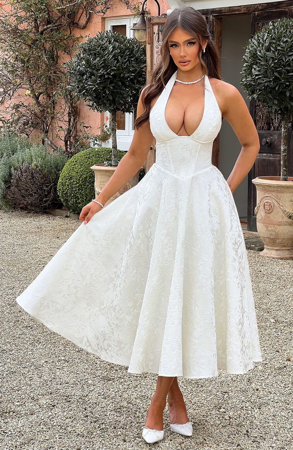Jacquard Halter Midi Dress for Women – Plunge Tulle Skirt Party Dress – White