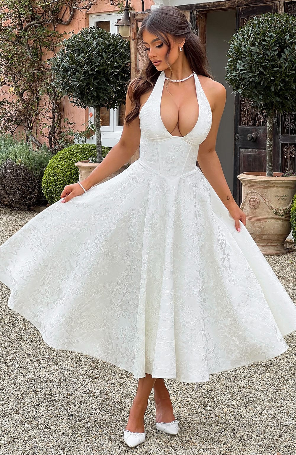 Jacquard Halter Midi Dress for Women – Plunge Tulle Skirt Party Dress – White