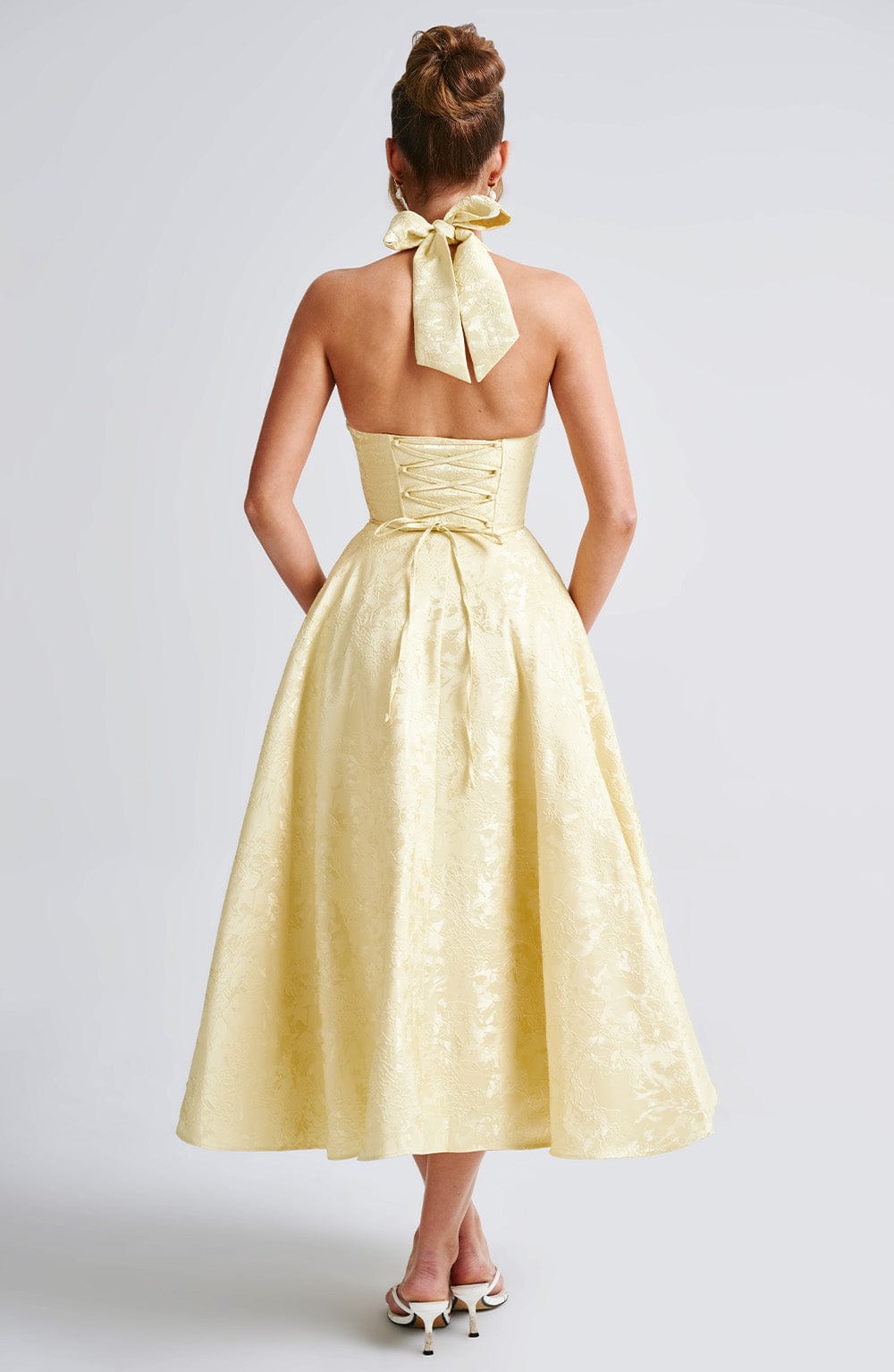Jacquard Halter Midi Dress for Women – Plunge Tulle Skirt Party Dress – Yellow