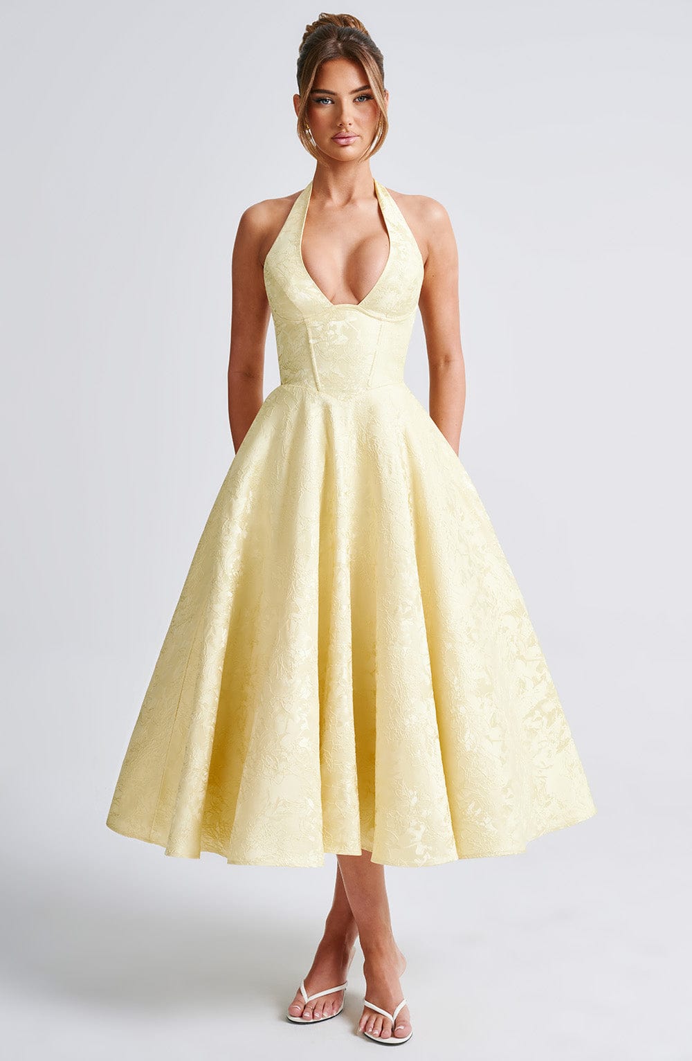 Jacquard Halter Midi Dress for Women – Plunge Tulle Skirt Party Dress – Yellow
