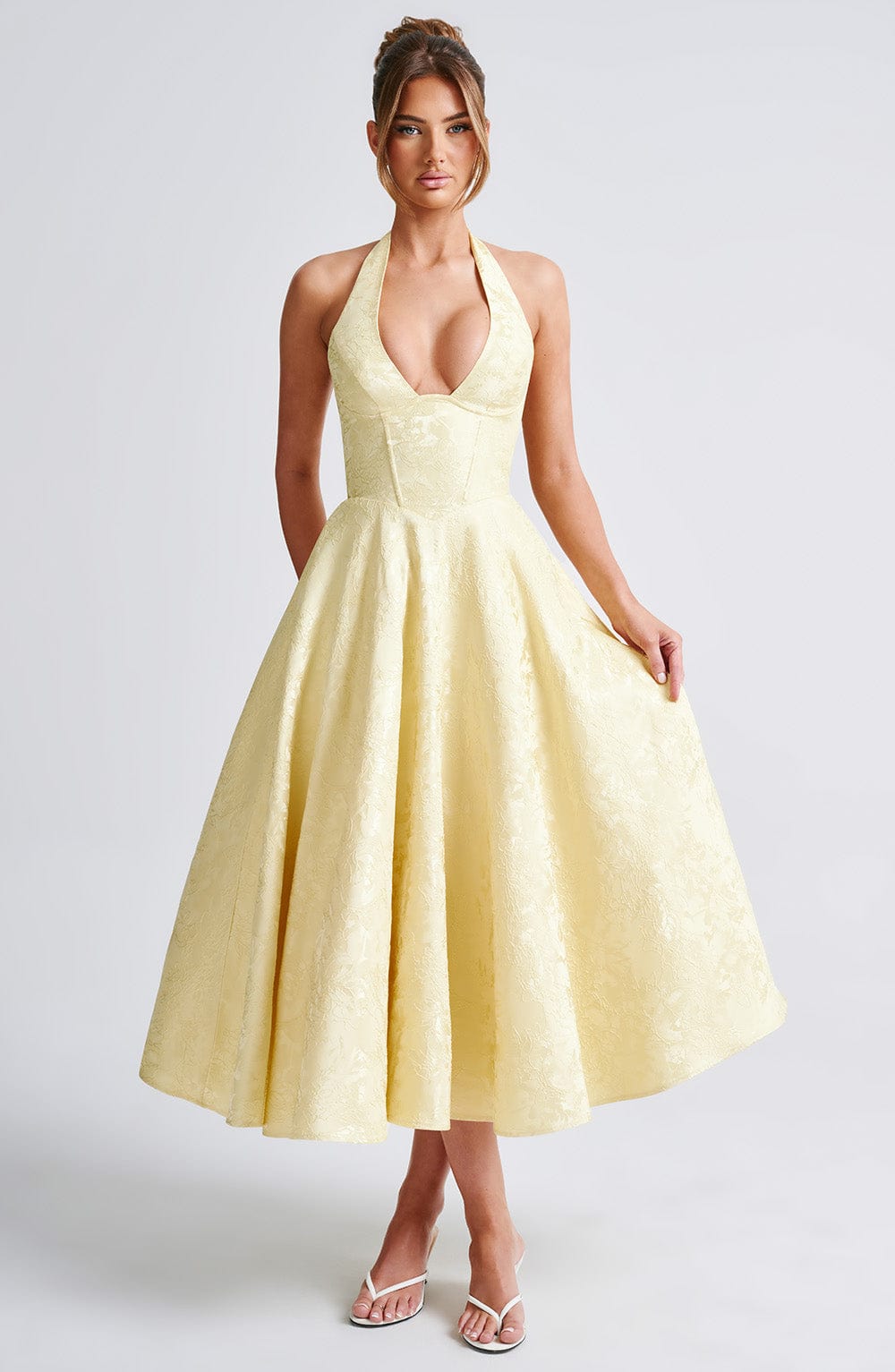 Jacquard Halter Midi Dress for Women – Plunge Tulle Skirt Party Dress – Yellow