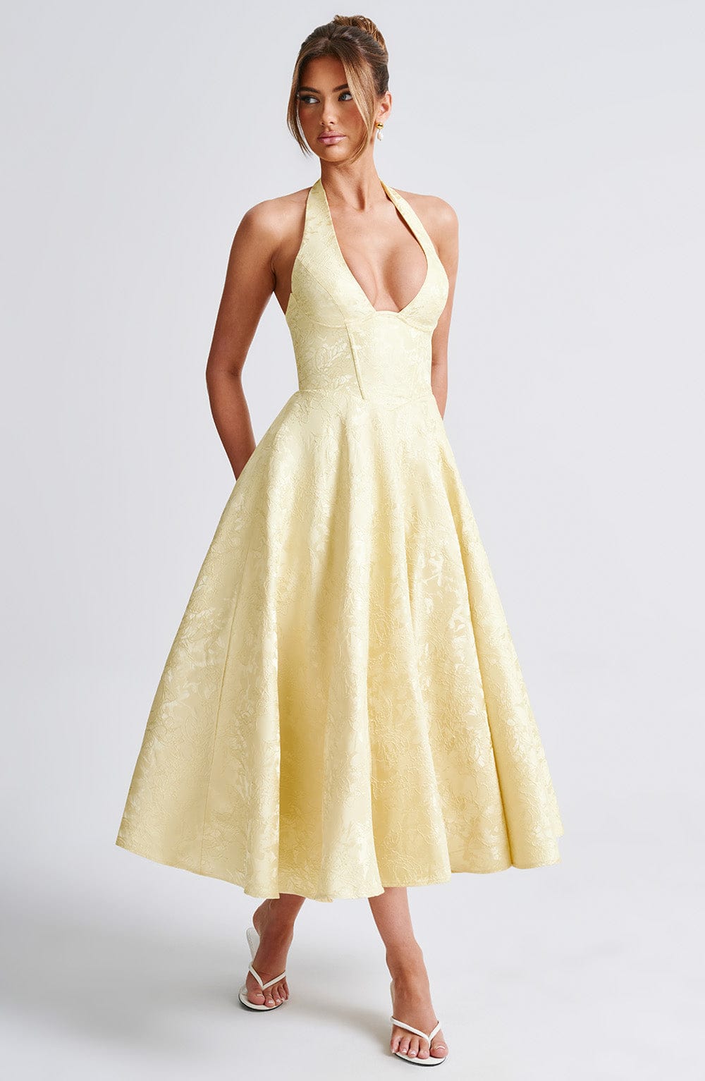 Jacquard Halter Midi Dress for Women – Plunge Tulle Skirt Party Dress – Yellow