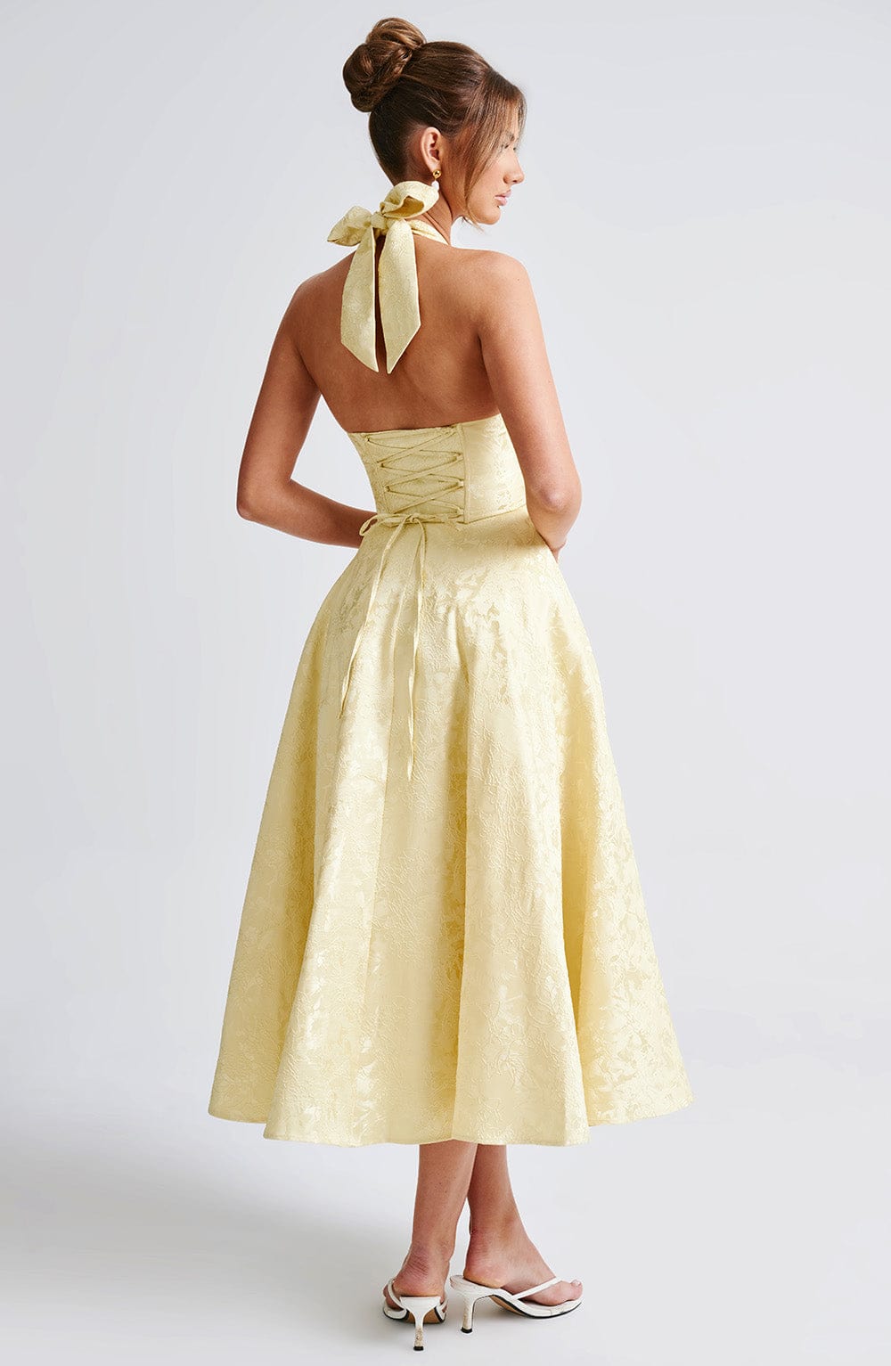 Jacquard Halter Midi Dress for Women – Plunge Tulle Skirt Party Dress – Yellow