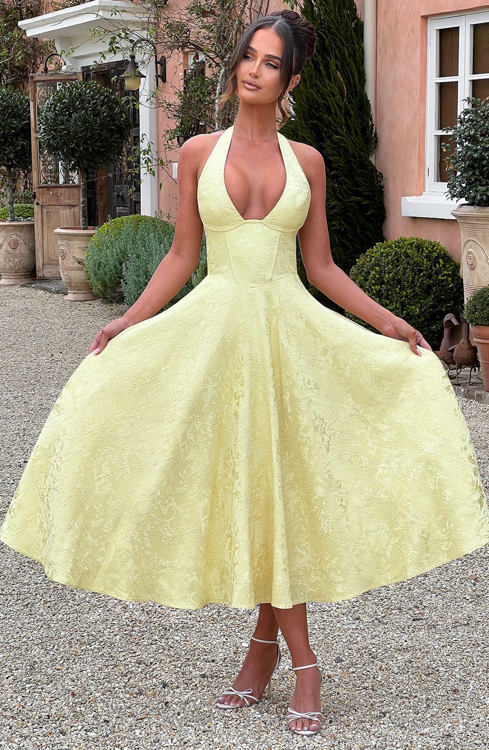 Jacquard Halter Midi Dress for Women – Plunge Tulle Skirt Party Dress – Yellow