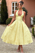 Jacquard Halter Midi Dress for Women – Plunge Tulle Skirt Party Dress – Yellow
