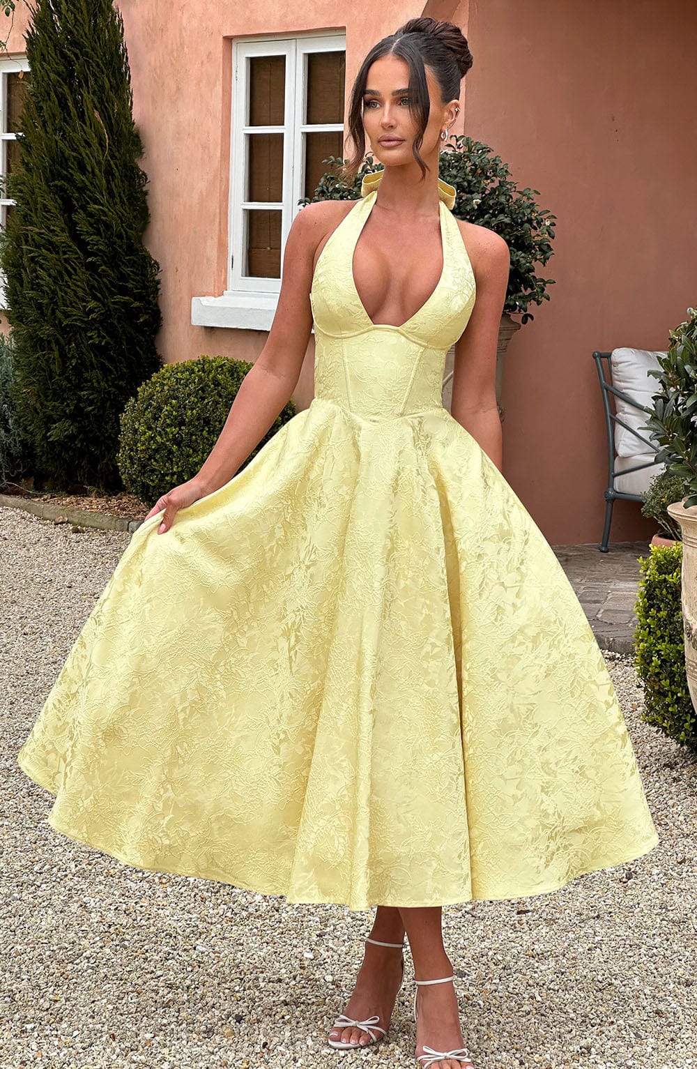 Jacquard Halter Midi Dress for Women – Plunge Tulle Skirt Party Dress – Yellow
