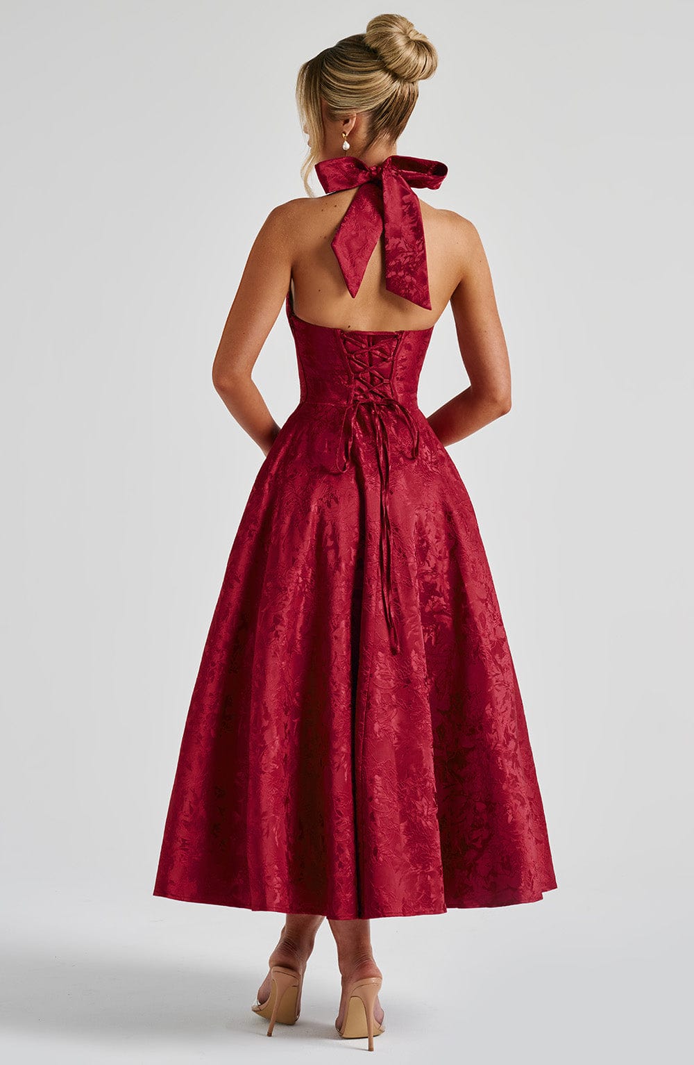 Jacquard Halter Midi Dress for Women – Plunge Tulle Skirt Party Dress – Red