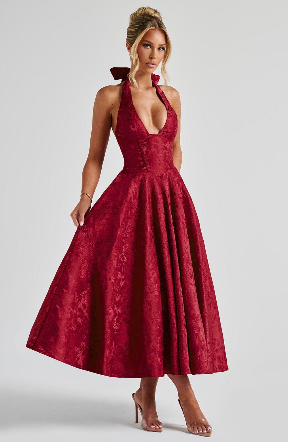 Jacquard Halter Midi Dress for Women – Plunge Tulle Skirt Party Dress – Red