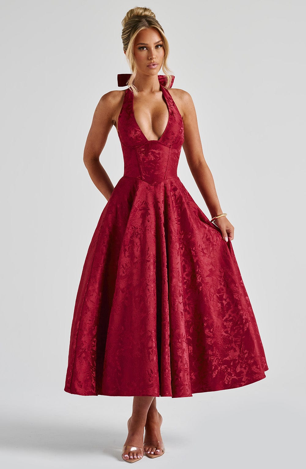Jacquard Halter Midi Dress for Women – Plunge Tulle Skirt Party Dress – Red