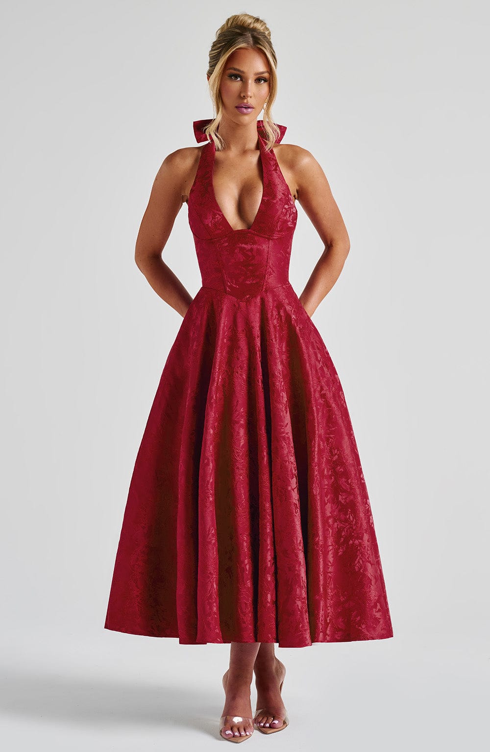 Jacquard Halter Midi Dress for Women – Plunge Tulle Skirt Party Dress – Red