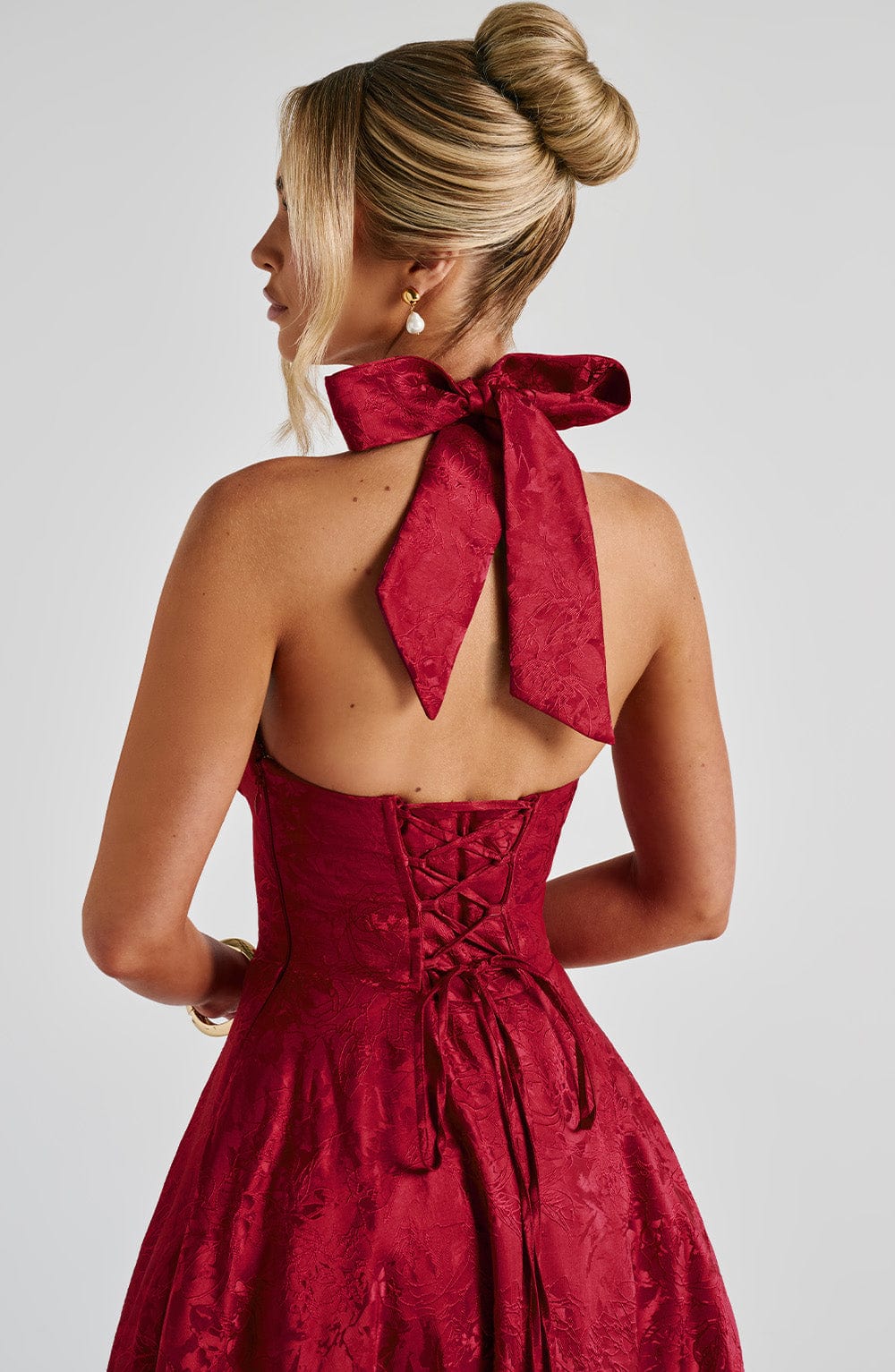 Jacquard Halter Midi Dress for Women – Plunge Tulle Skirt Party Dress – Red