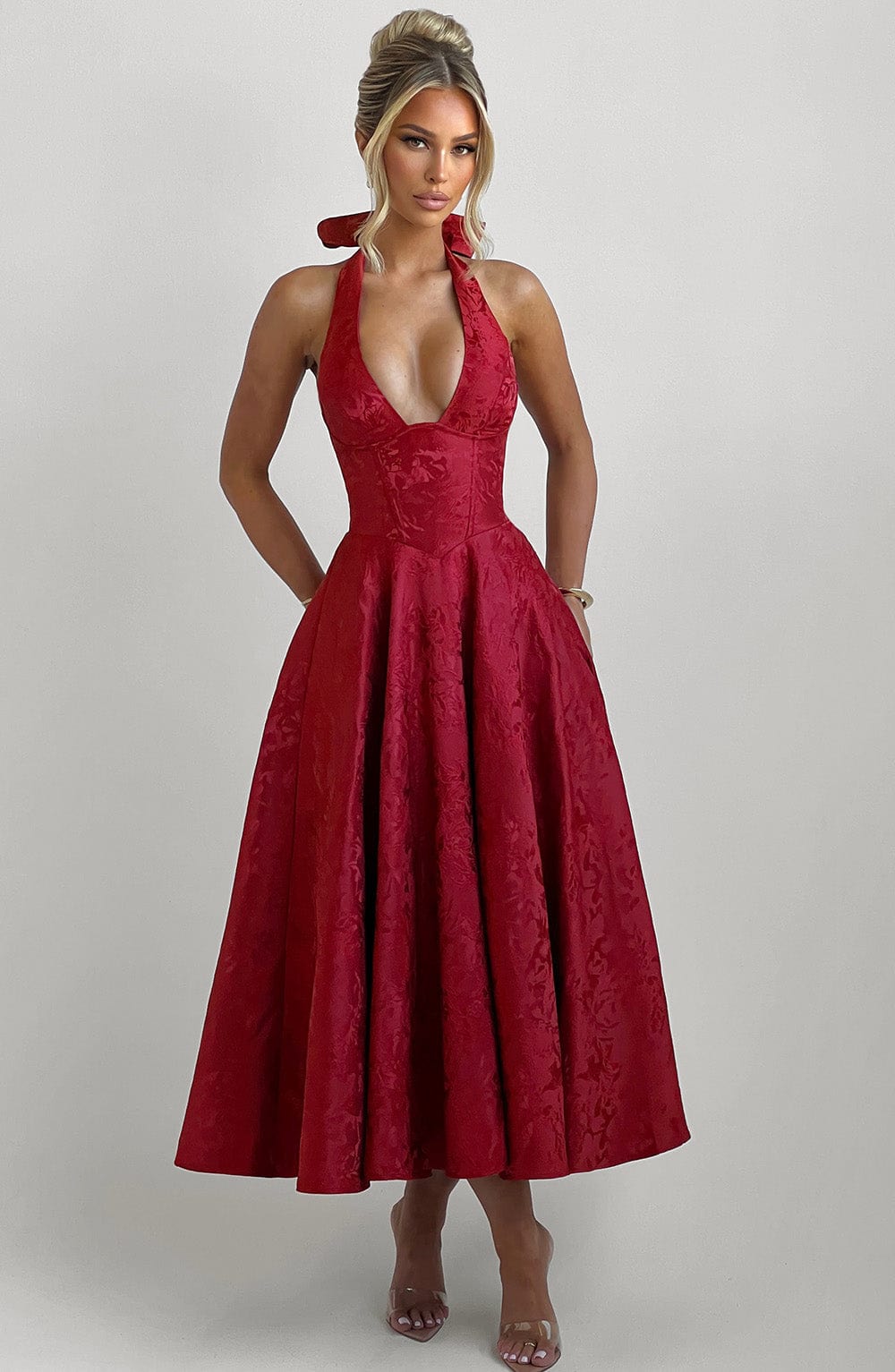 Jacquard Halter Midi Dress for Women – Plunge Tulle Skirt Party Dress – Red