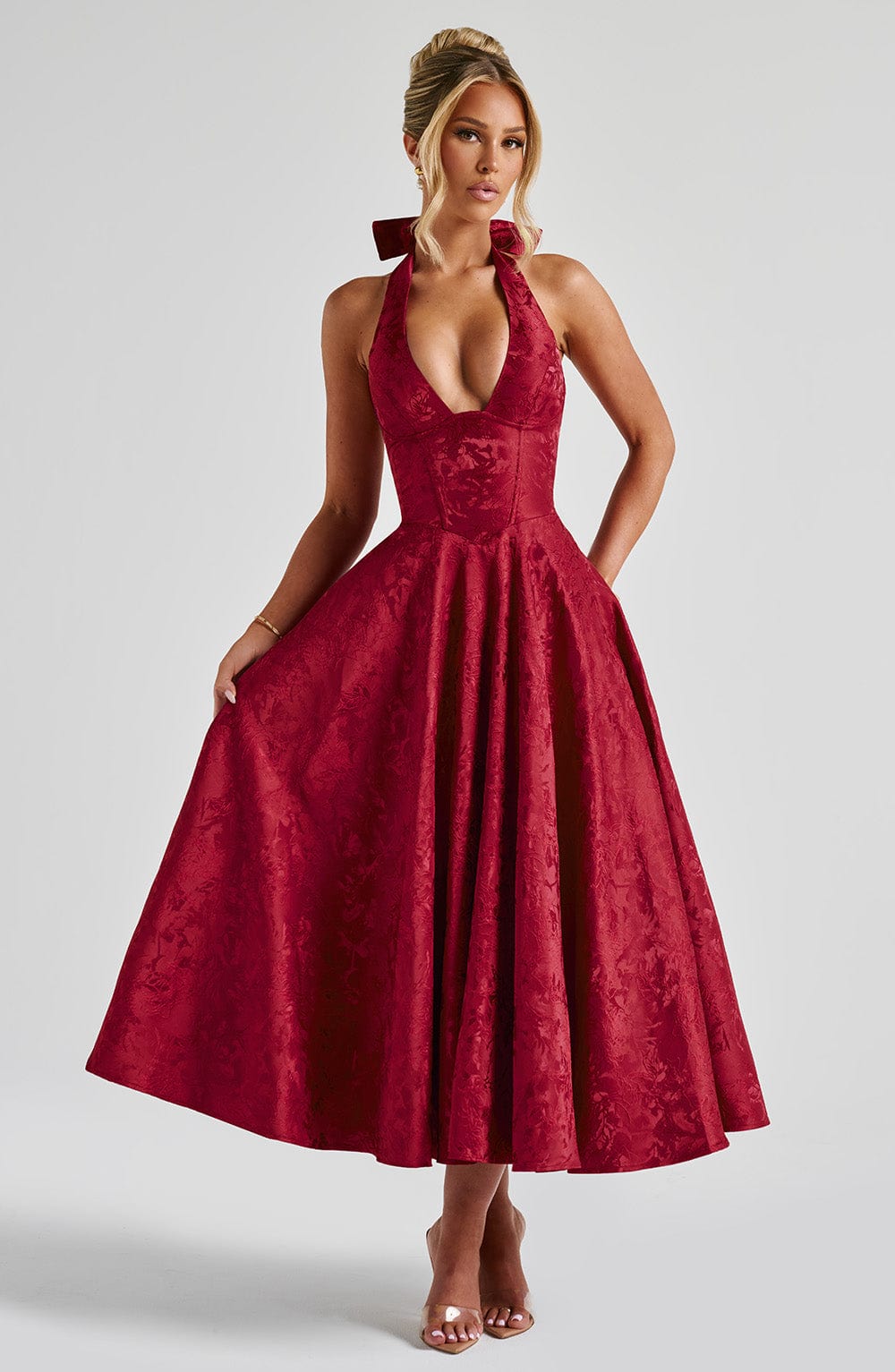 Jacquard Halter Midi Dress for Women – Plunge Tulle Skirt Party Dress – Red