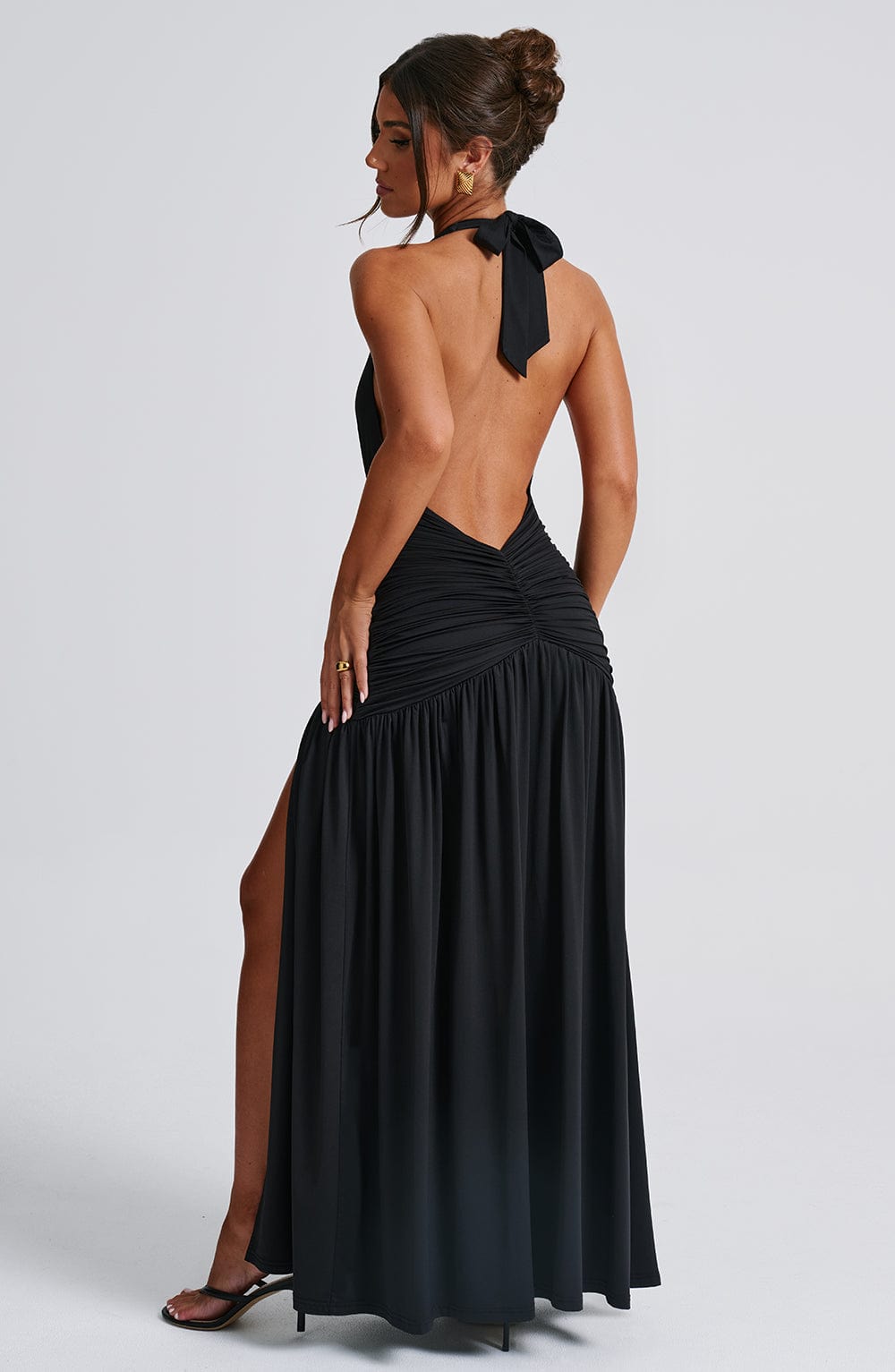 Halter Plunge Ruched Maxi Dress for Women – Thigh Split Evening Gown – Black